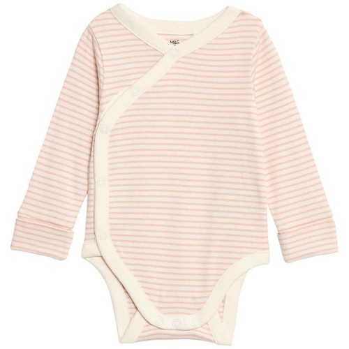 M&S Girls Pure Cotton Striped Bodysuits 3-6 Months Blush thumbnail 4