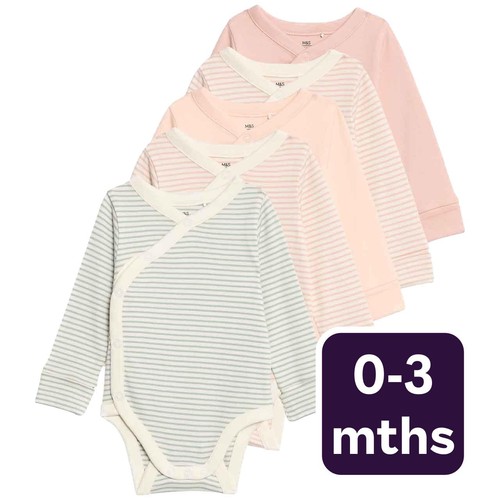 M&S Girls Pure Cotton Striped Bodysuits 0-3 Months Blush