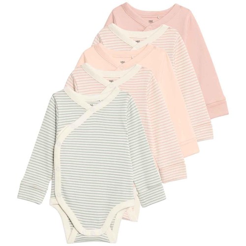 M&S Girls Pure Cotton Striped Bodysuits 0-3 Months Blush thumbnail 2