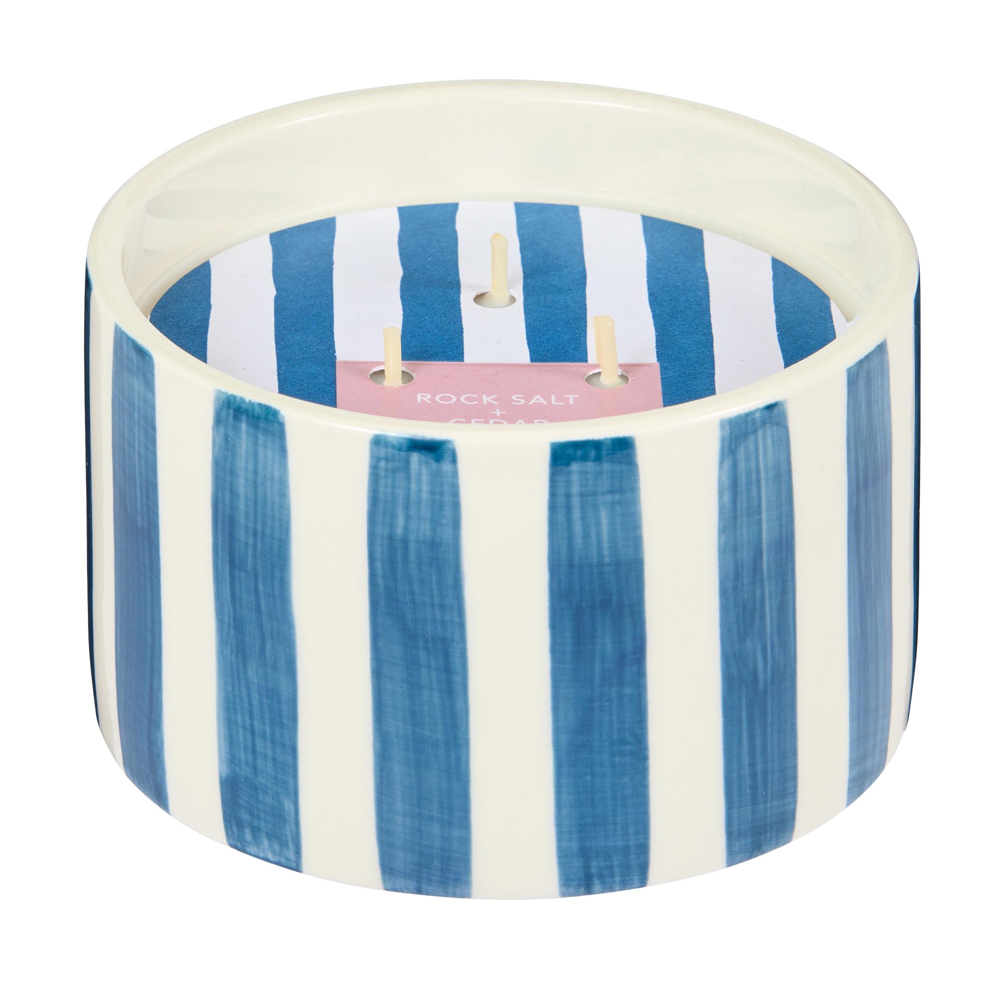 Habitat Scented Blue Stripe High Tide Ceramic Large Candle - Rock Salt & Cedar scent