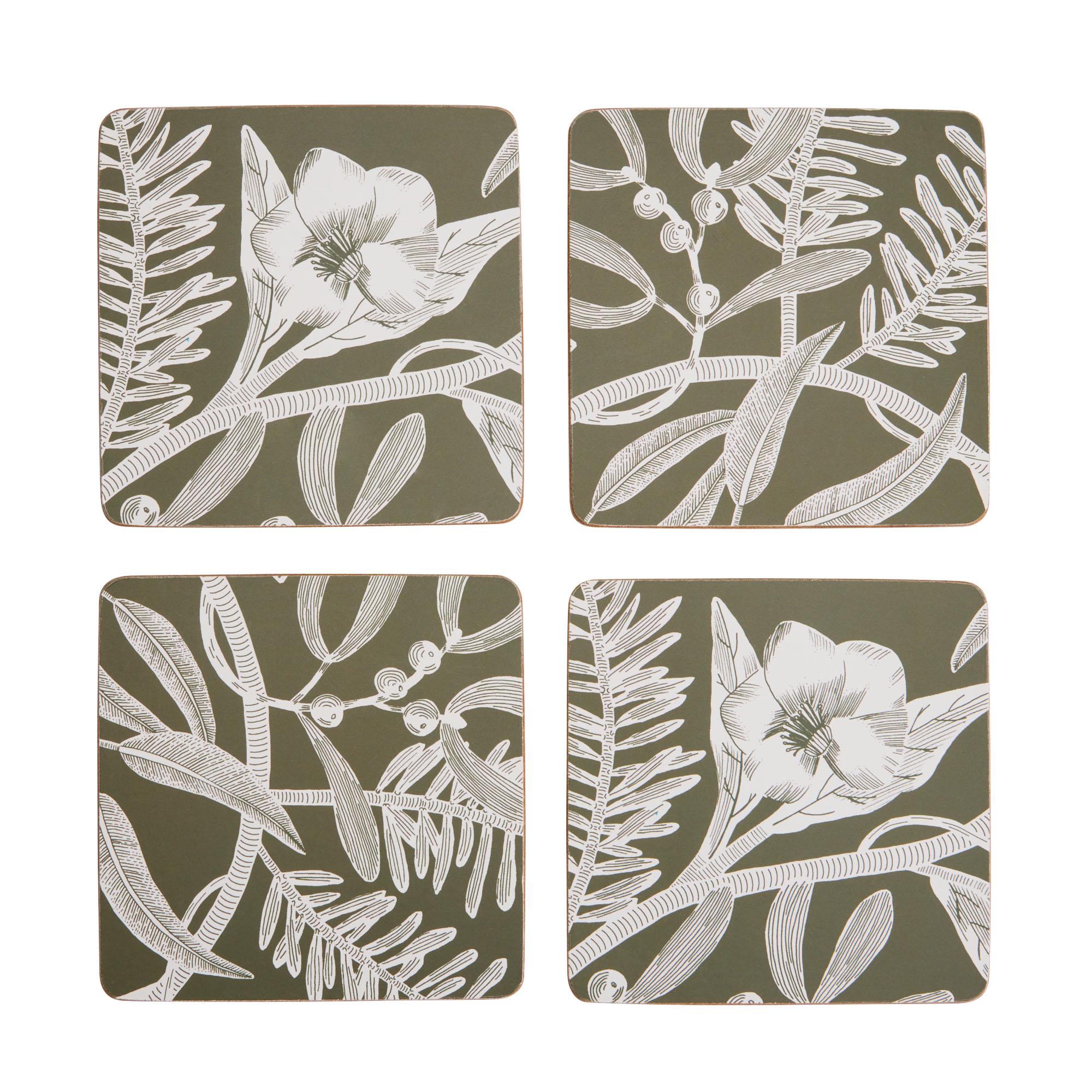 Habitat Pack of 4 Floral Corkback Coasters - Green