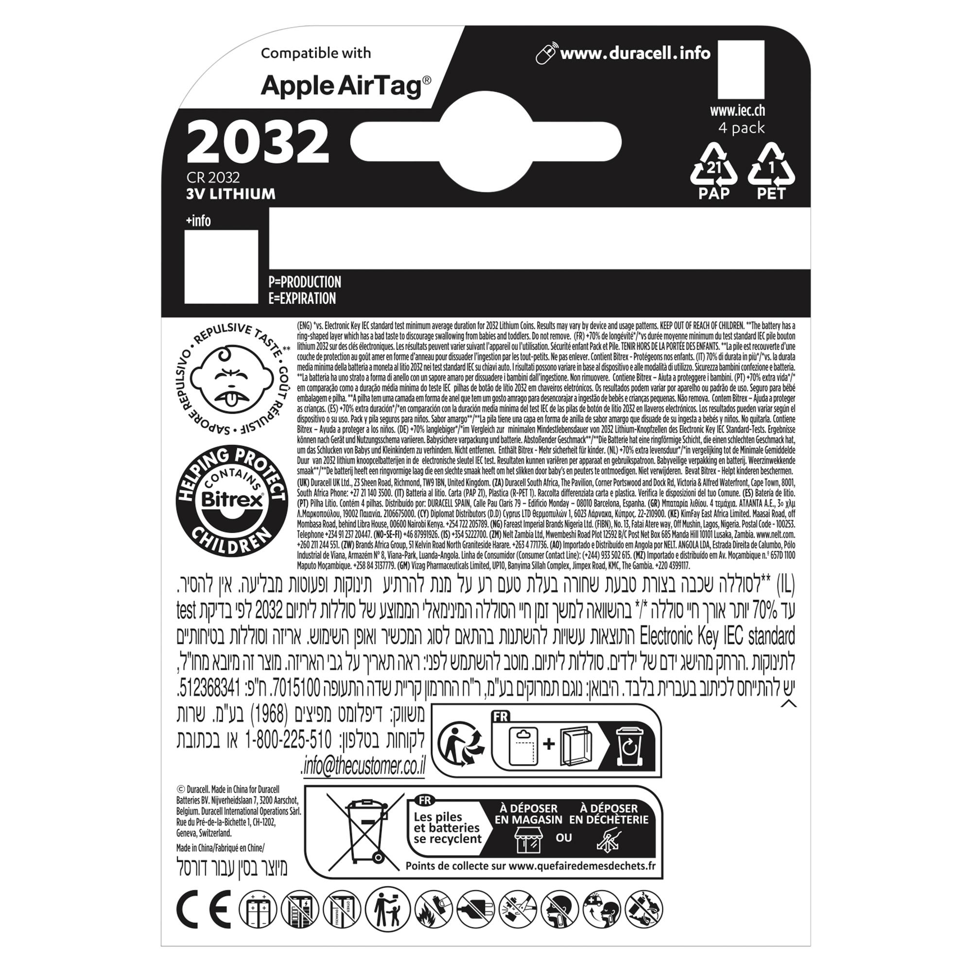 Duracell Specialty 2032 Lithium Coin Battery 3V (DL2032 / CR2032), pack of 4 thumbnail 2