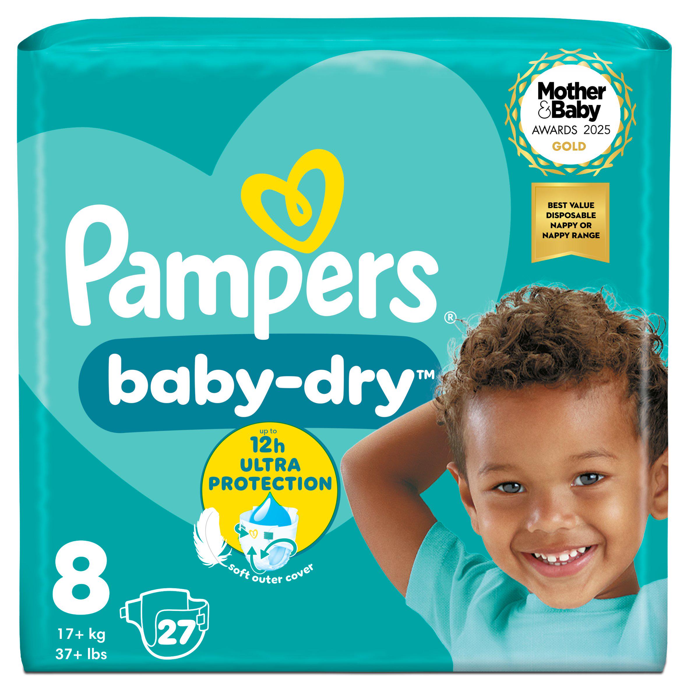 Pampers Baby-Dry Nappies, Size 8 (17kg+) Essential Pack