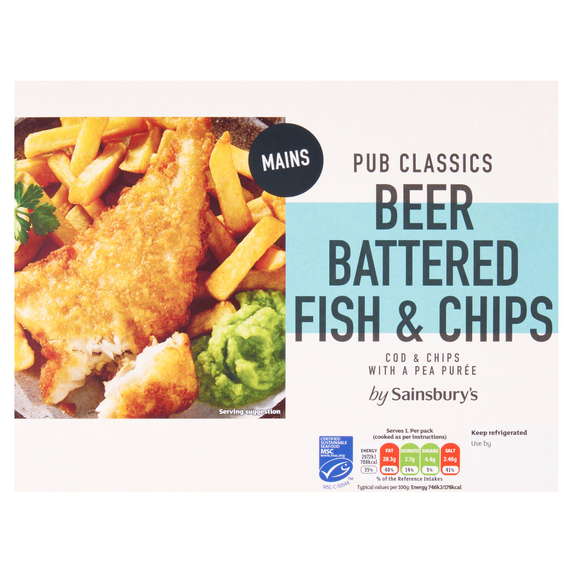 Sainsbury's Pub Classics Beer Battered Fish & Chips with a Pea Puree 450g