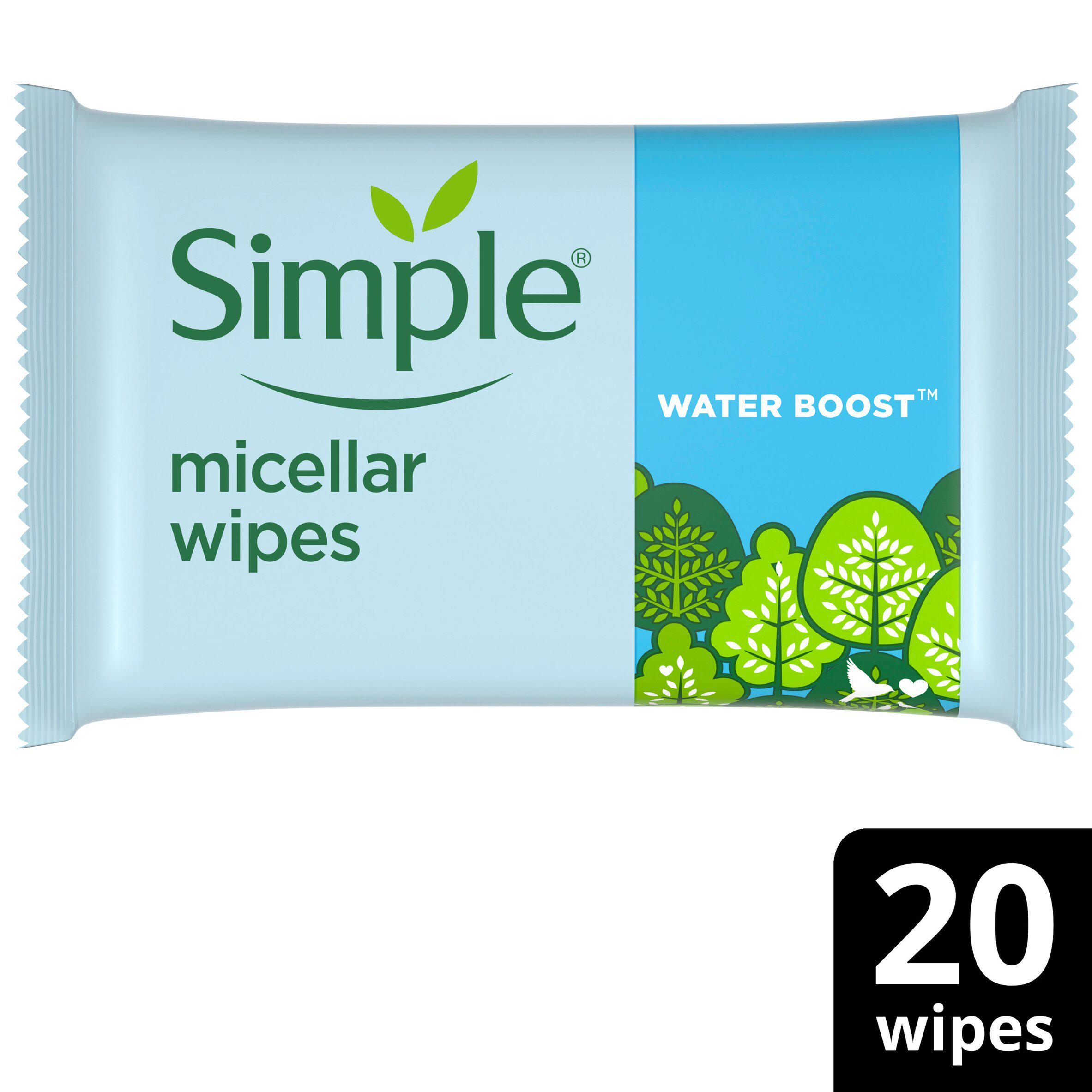 Simple Hydrating Water Boost Micellar Biodegradable Face Cleansing Facial Wipes x20