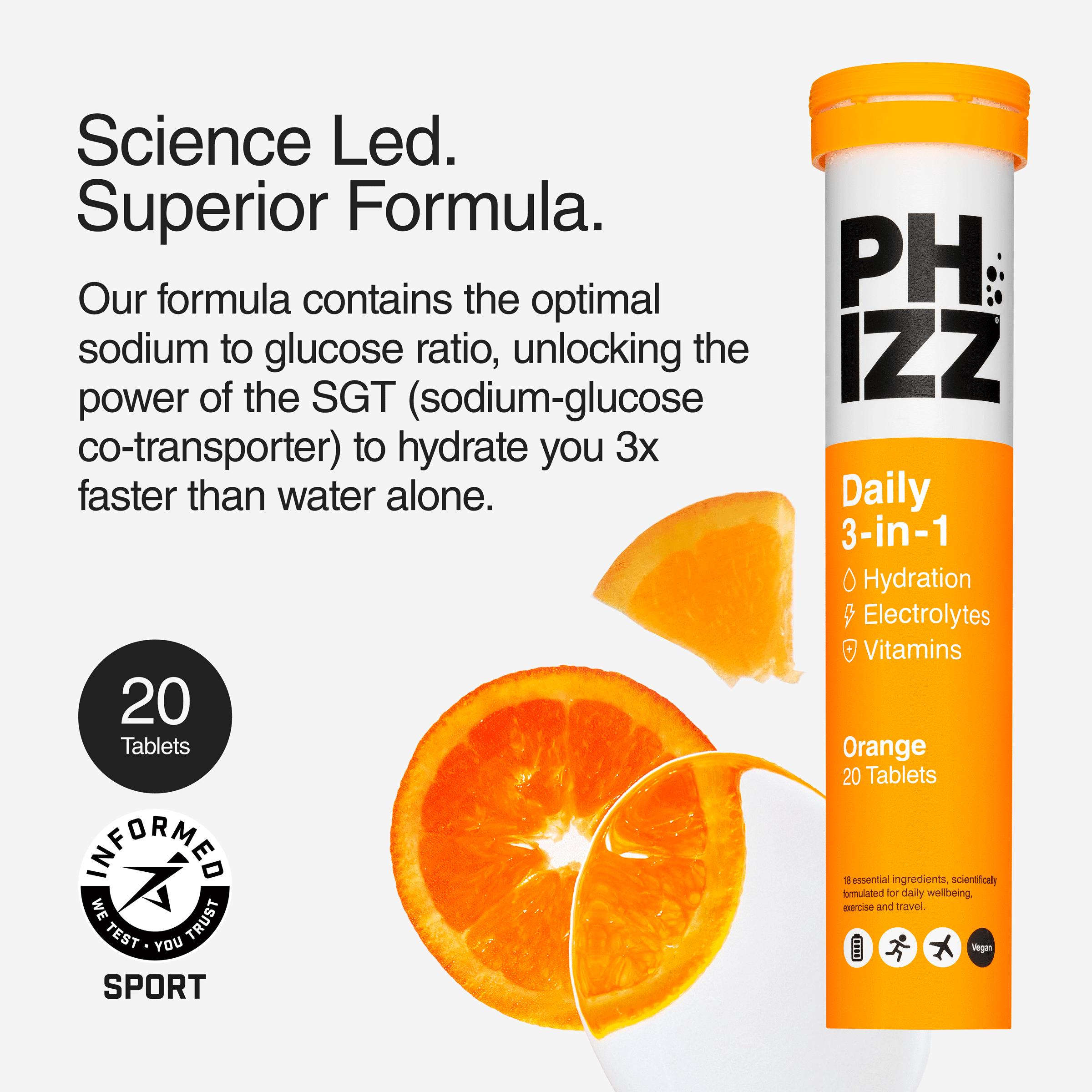 Phizz Daily 3-in-1 Hydration, Electrolytes & Vitamins Effervescent Tablets Orange x20 Tablets thumbnail 3