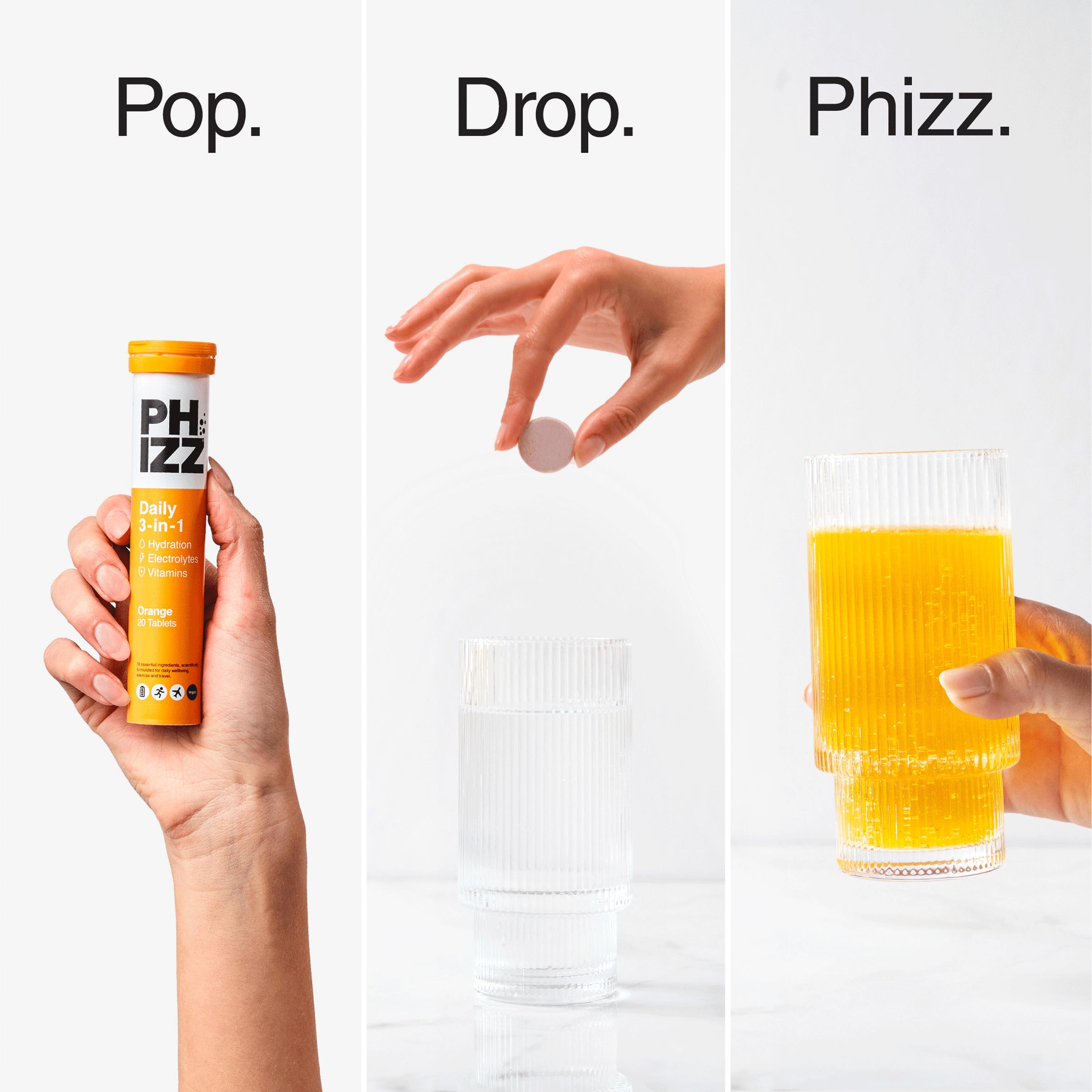 Phizz Daily 3-in-1 Hydration, Electrolytes & Vitamins Effervescent Tablets Orange x20 Tablets thumbnail 6
