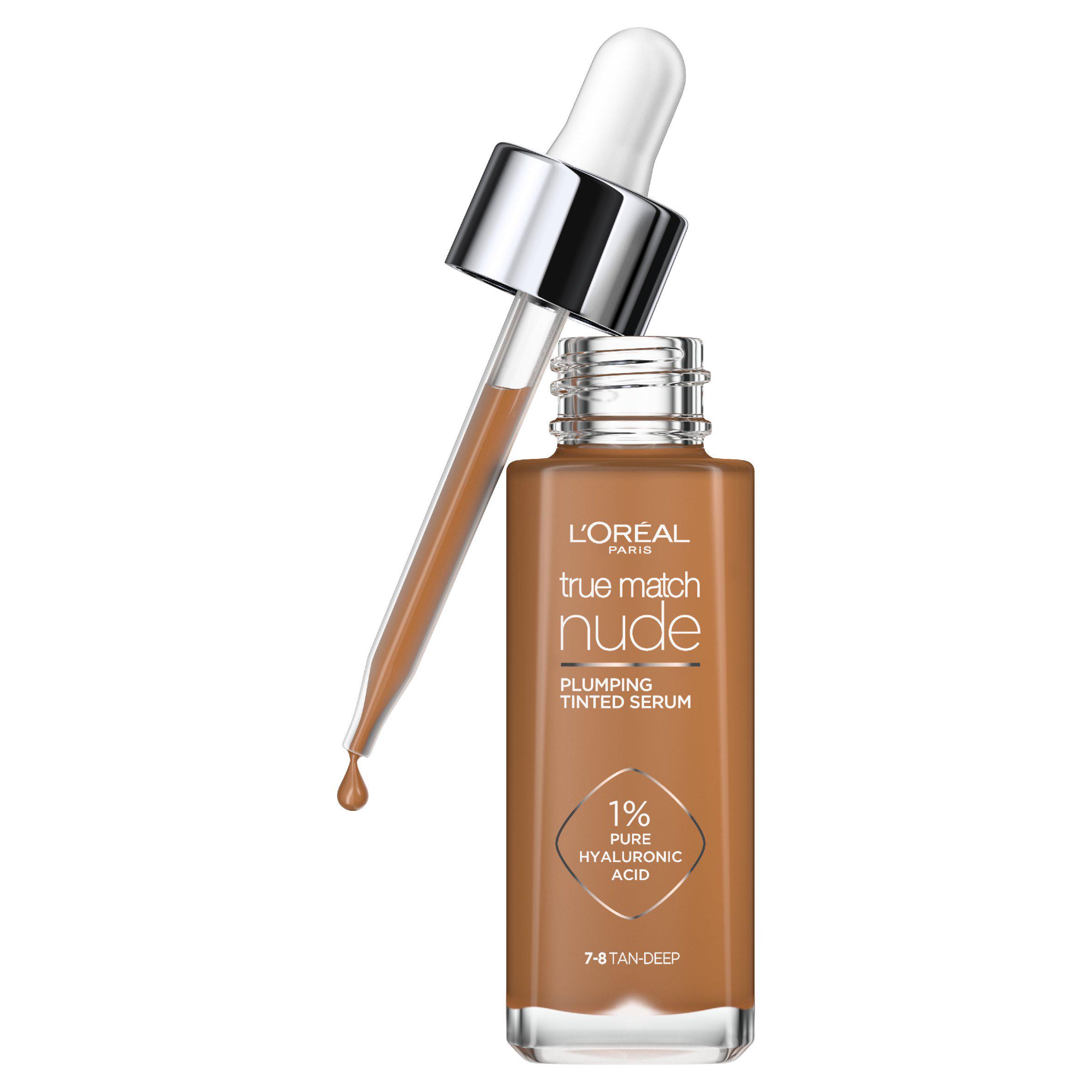 L'Oreal Paris True Match Nude Plumping Tinted Serum, 1% Hyaluronic Acid, Shade 7-8 Tan-Deep