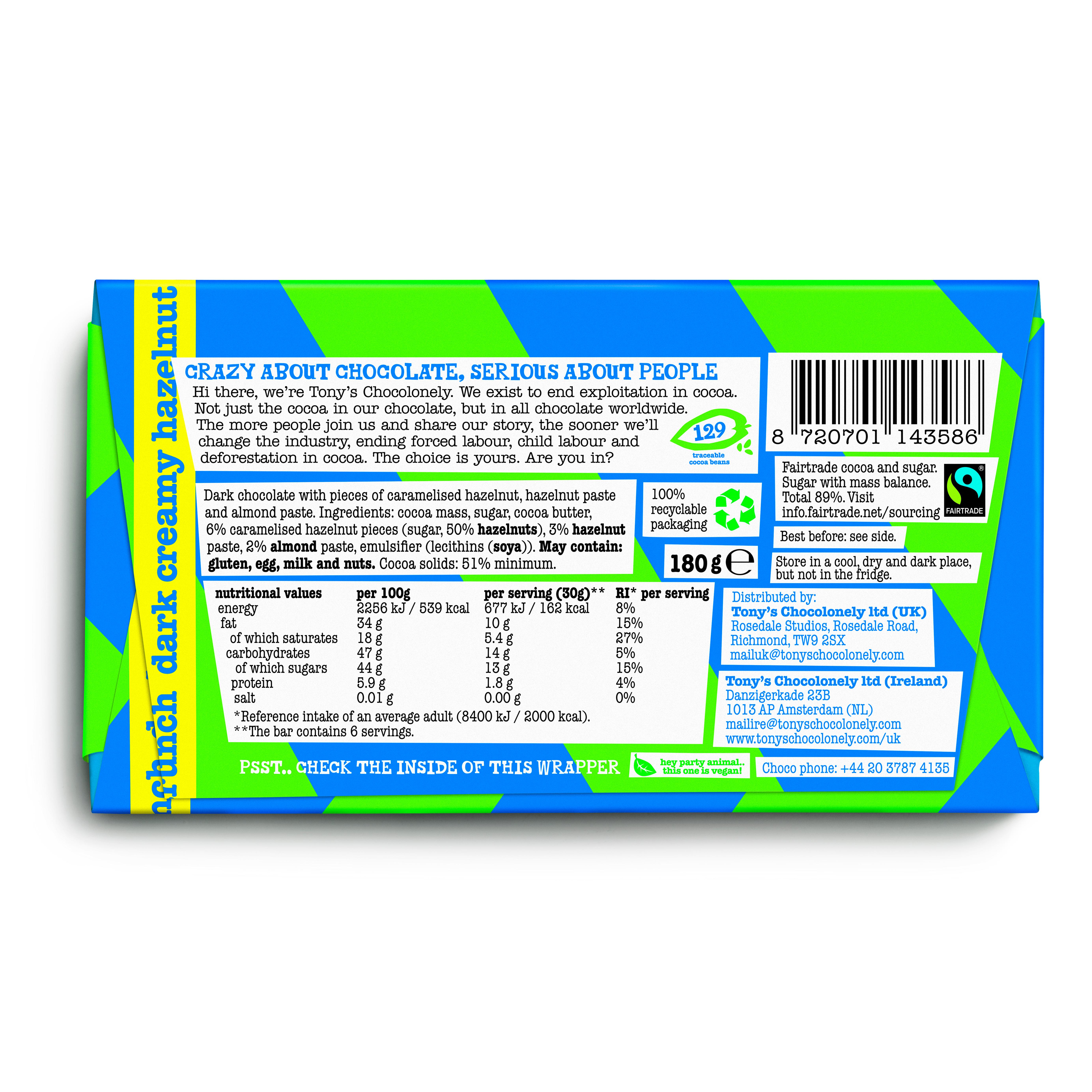Tony's Chocolonely Dark Creamy Hazelnut Crunch 180g thumbnail 2