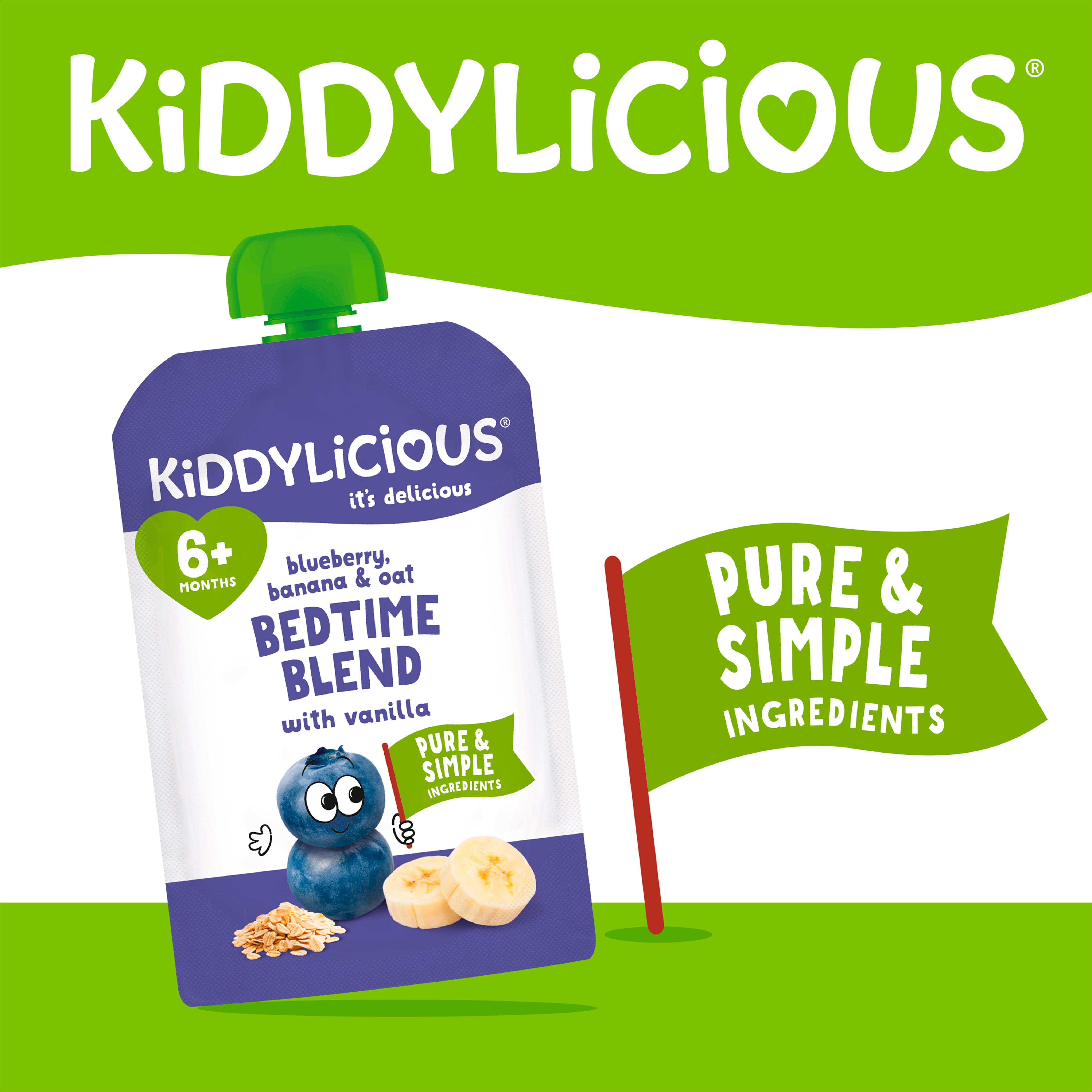 Kiddylicious Blueberry, Banana & Oat Bedtime Blend with Vanilla Pouch Baby Food 4x100g thumbnail 2