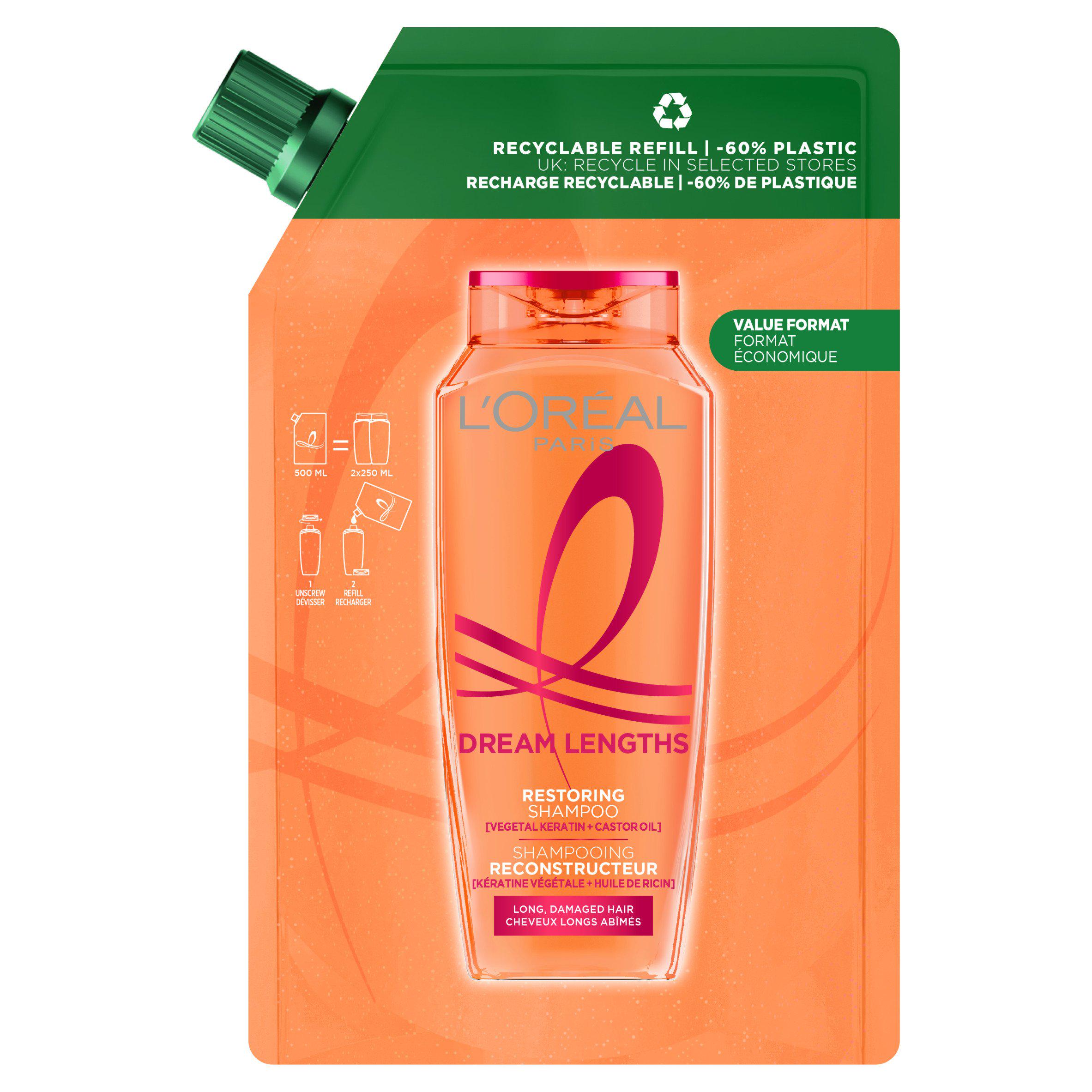 L'Oréal Paris Elvive Dream Lengths Restoring Shampoo Refill Pouch for Long Hair 500ml