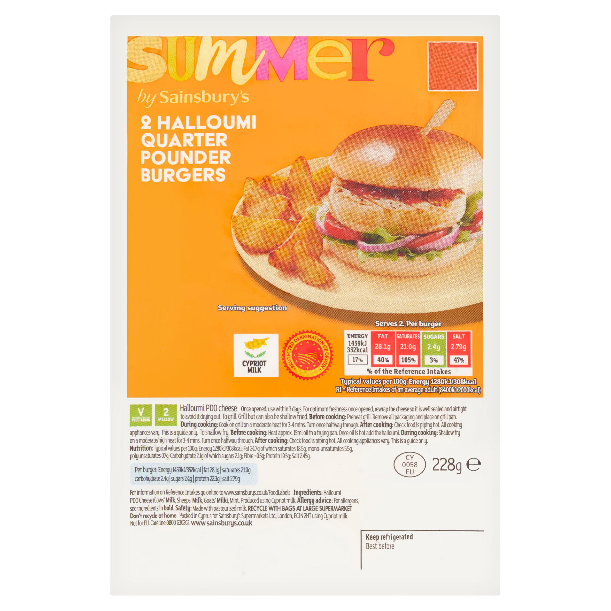 Sainsbury's Summer 2 x Halloumi Quarter Pounder Burgers 228g