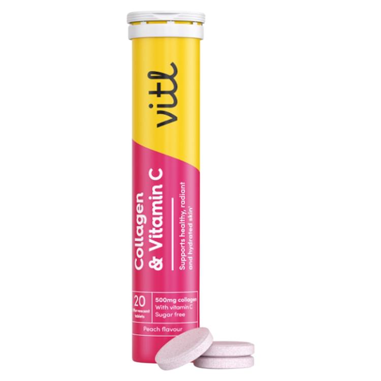 Vitl Collagen & Vitamin C 20 Peach Flavour Effervescent Tablets 20 x 4g thumbnail 2