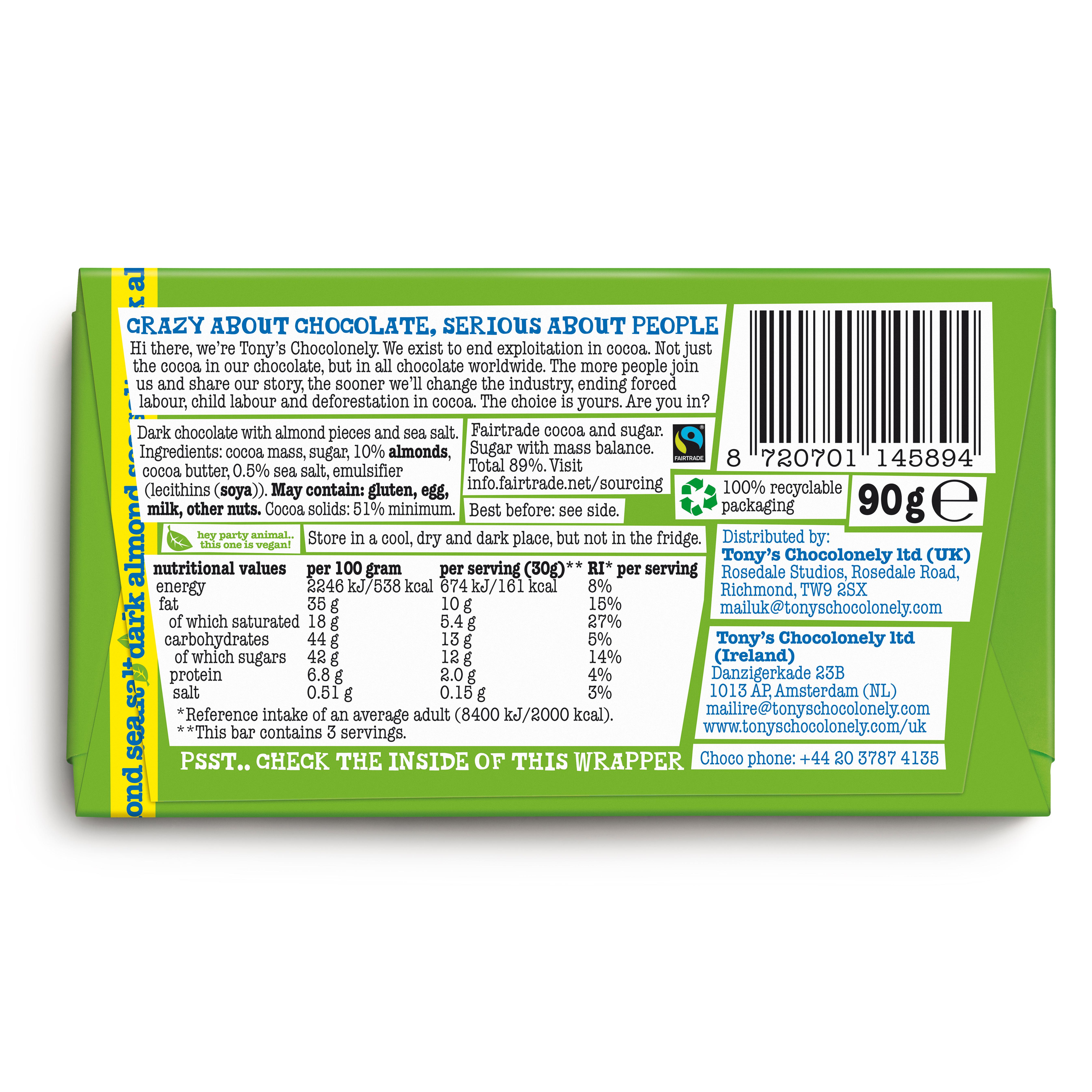 Tony's Chocolonely Dark Almond Sea Salt 90g thumbnail 2
