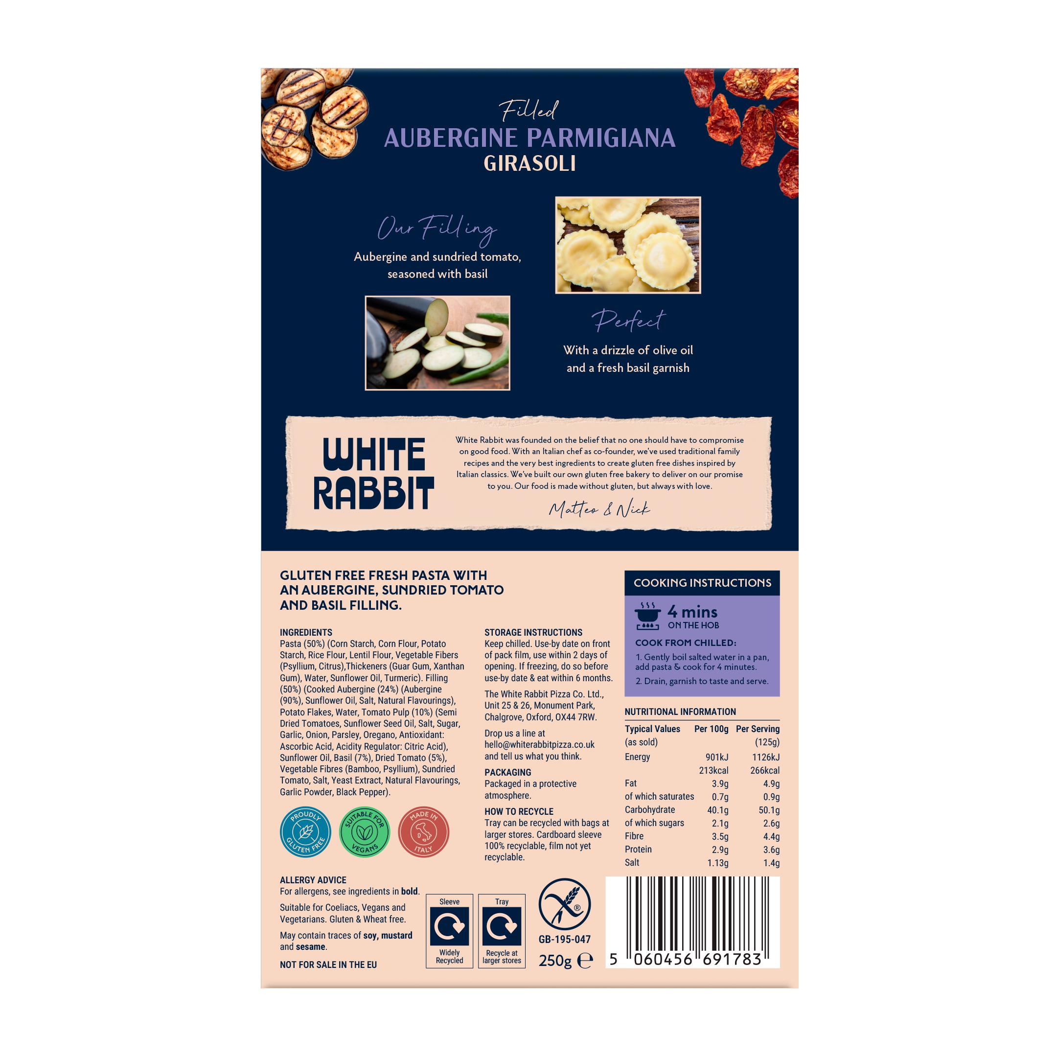 White Rabbit 250g Gluten Free Filled Aubergine Parmigiana Girasoli Pasta thumbnail 3