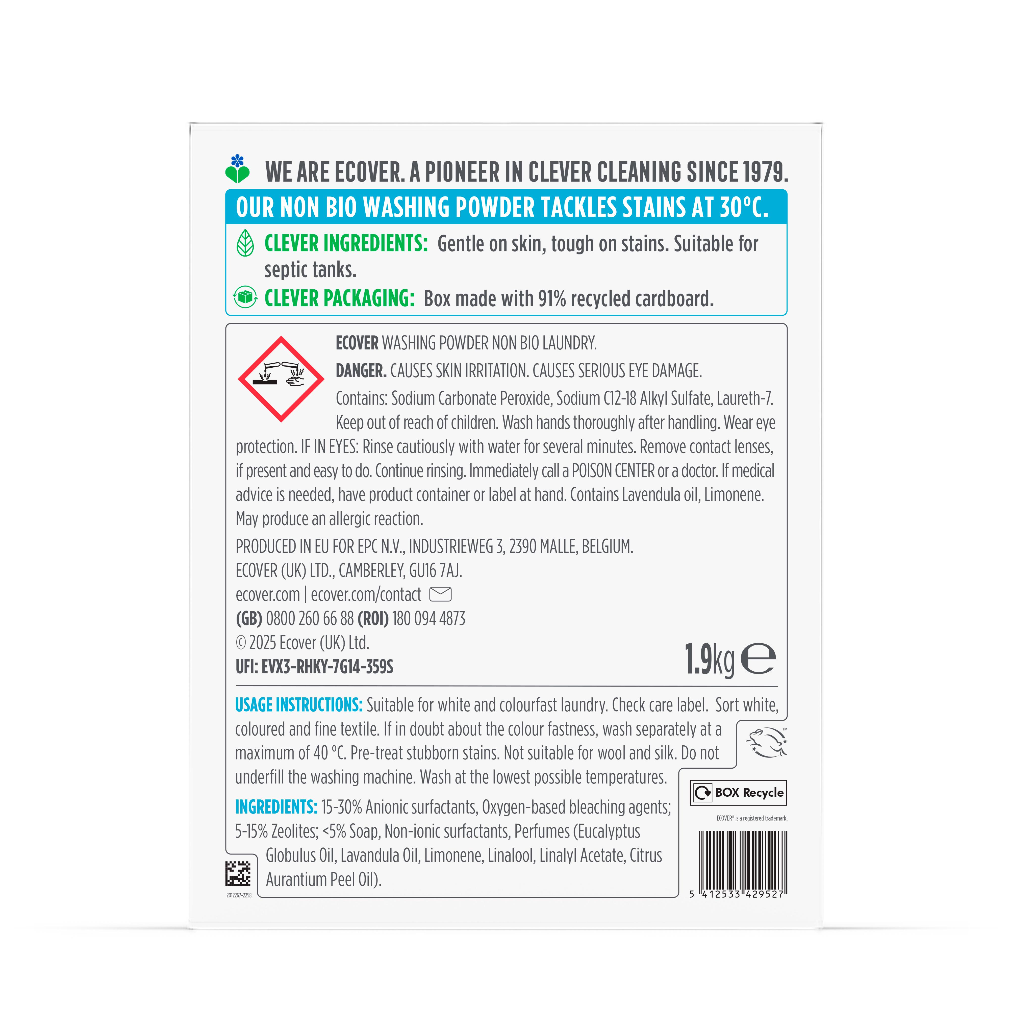 Ecover 38 Washes Lavender & Eucalyptus Non Bio Laundry Washing Powder 1.9kg thumbnail 2