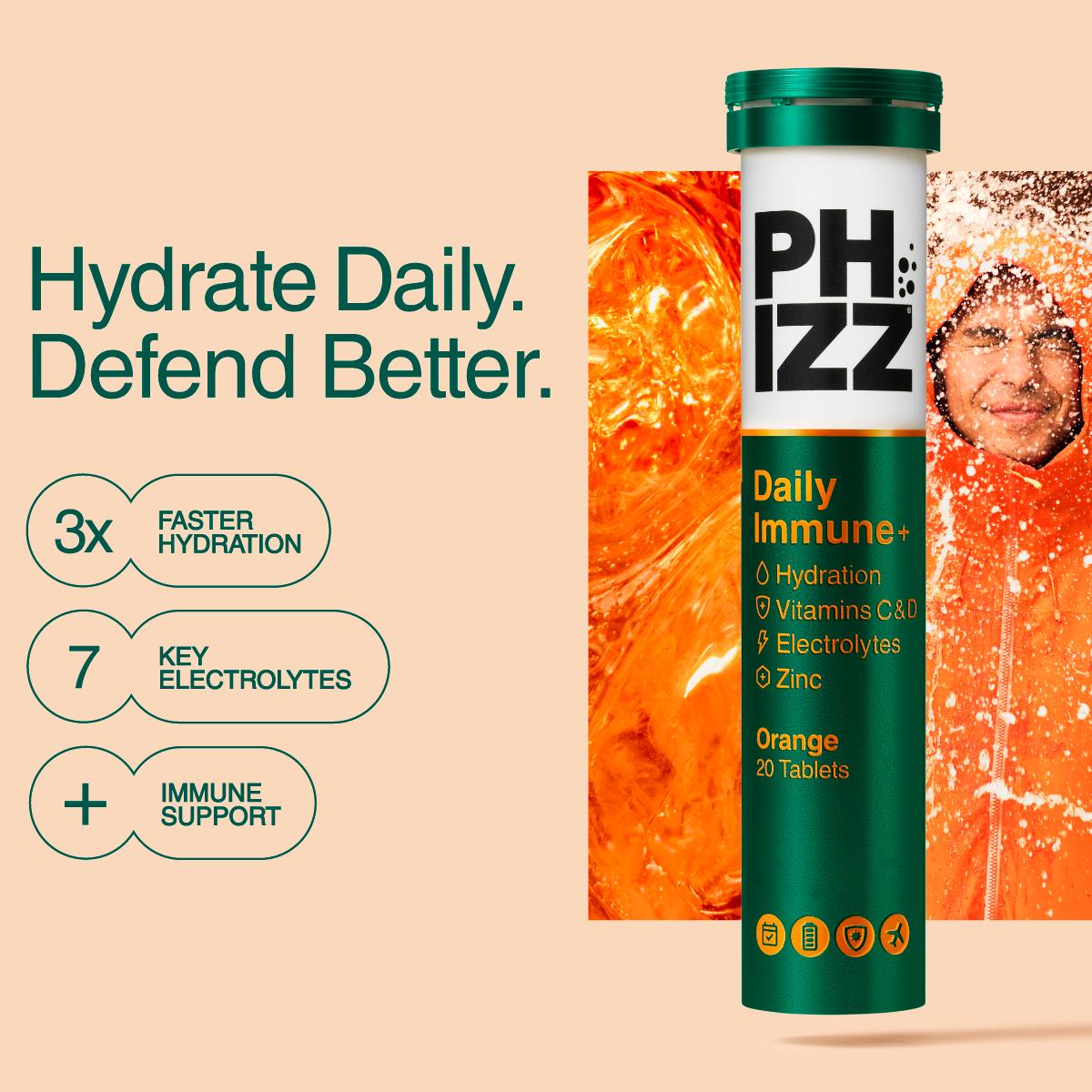 Phizz Daily Immune+ 20 x Orange, Hydration, Immunity, Electrolytes & Vitamins Effervescent Tablets thumbnail 2