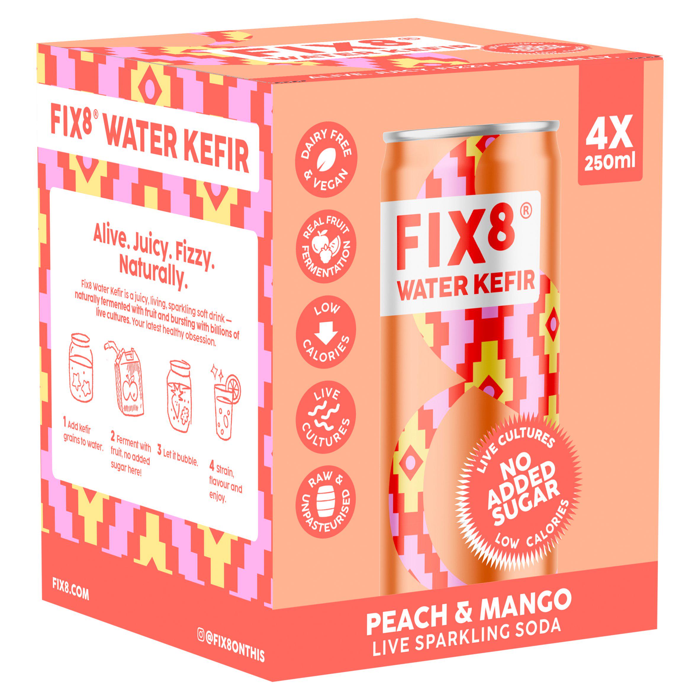 Fix8 Water Kefir Peach & Mango Live Sparkling Soda 4 x 250ml