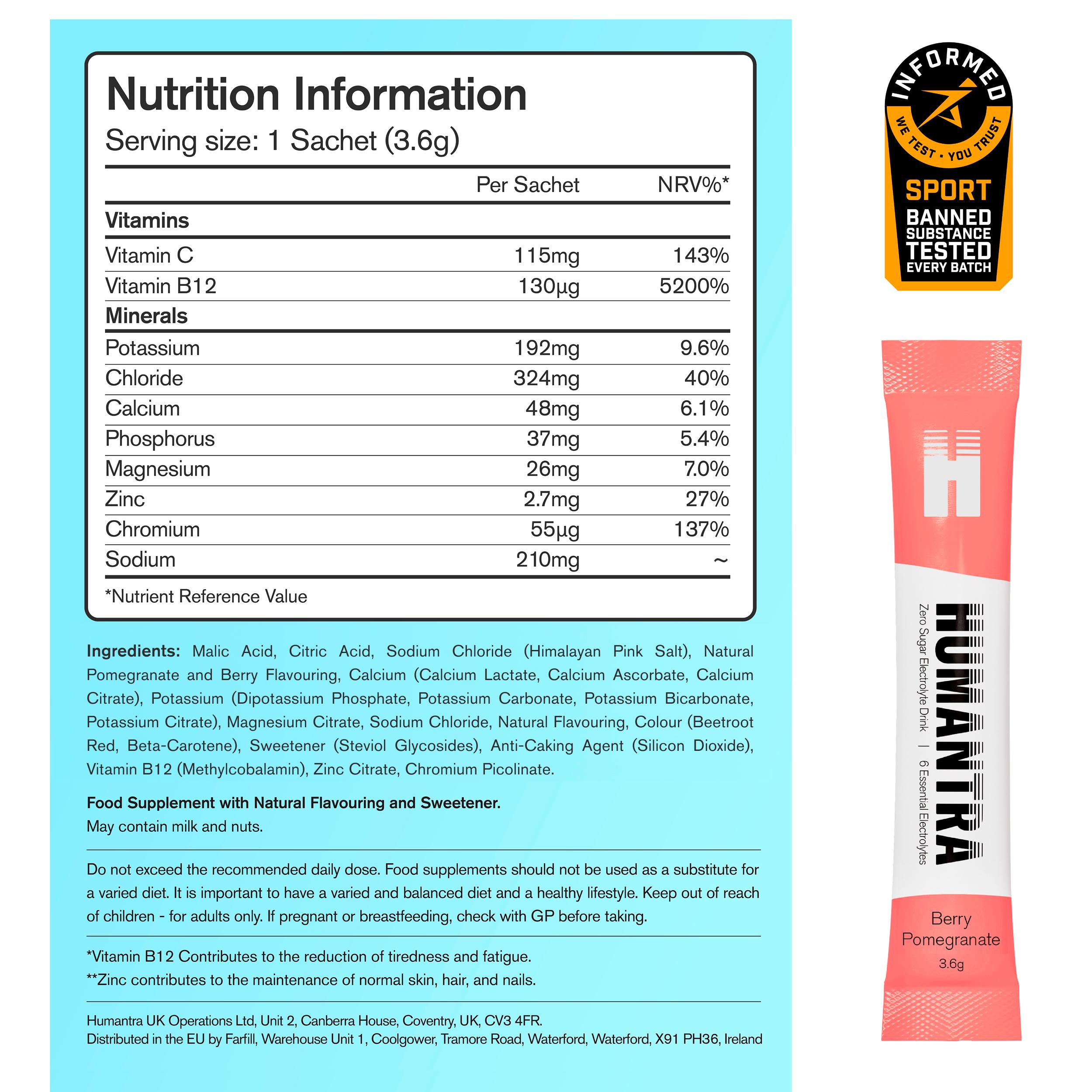 Humantra 6 x 3.6g Berry Pomegranate Zero Sugar Electrolyte Drink Sachets thumbnail 5