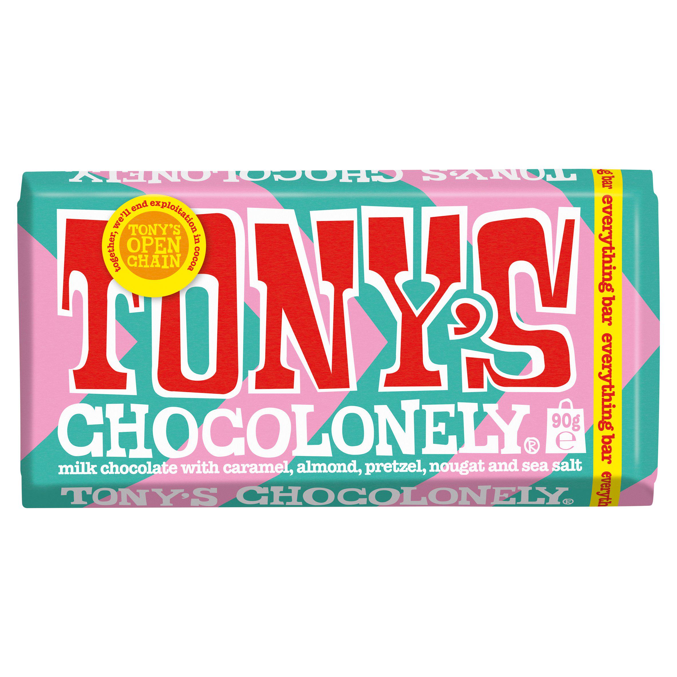 Tony's Chocolonely Milk chocolate caramel pretzel almond nougat sea salt 90g
