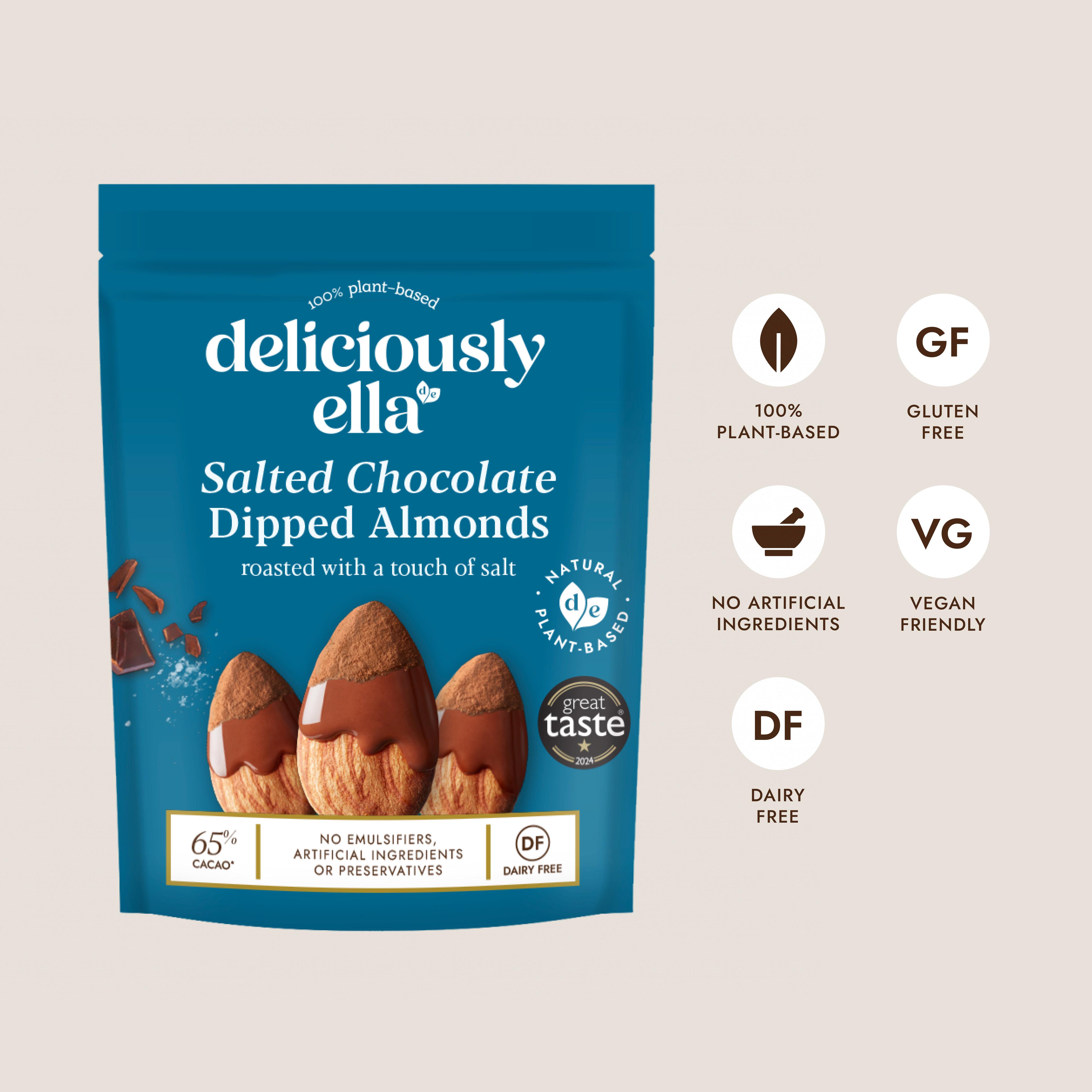 Deliciously Ella 81g Salted Chocolate Dipped Almond Snack Share Bag thumbnail 2