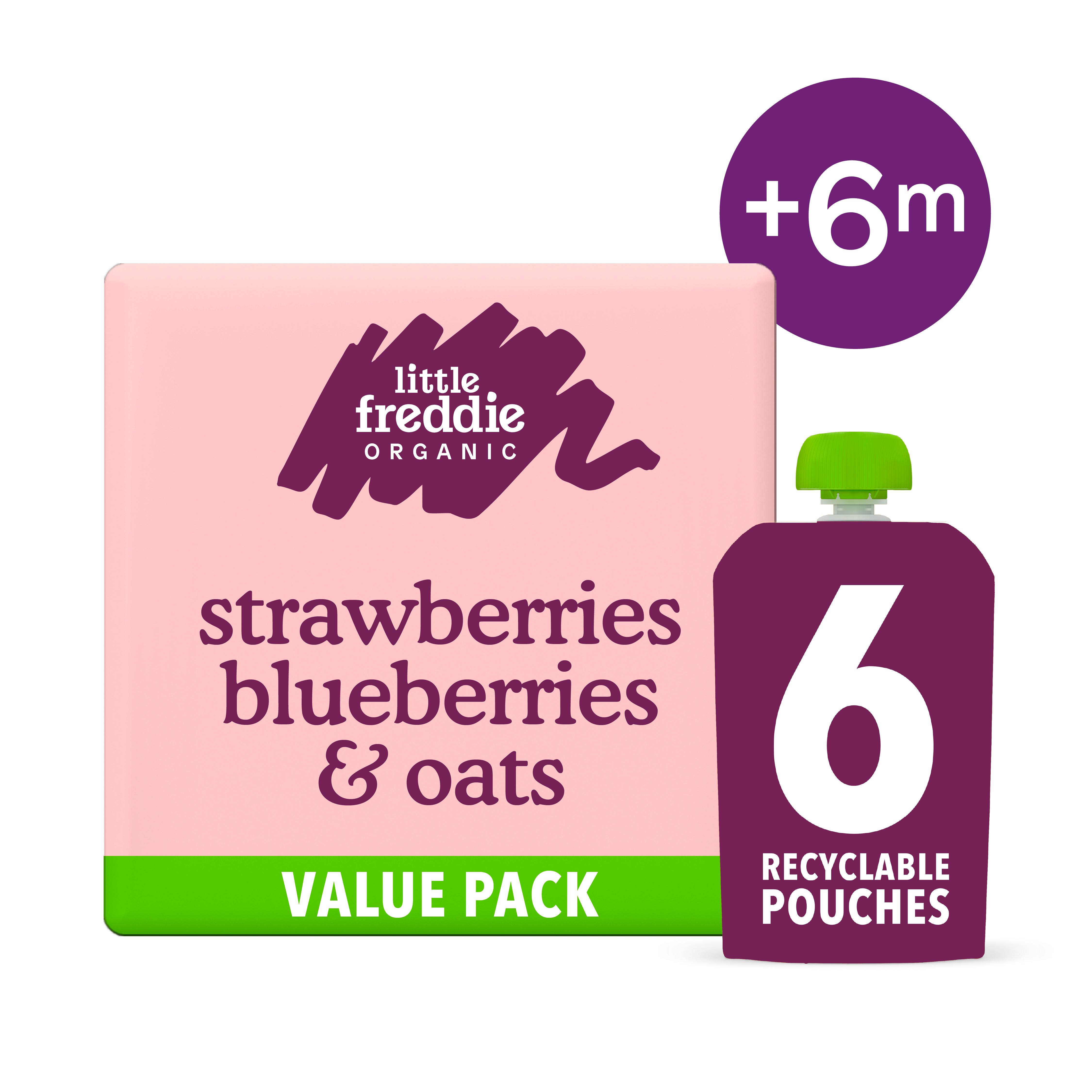 Little Freddie 6 x 100g +6 Months Organic Strawberries, Blueberries & Oats Smooth Pouches Box thumbnail 2
