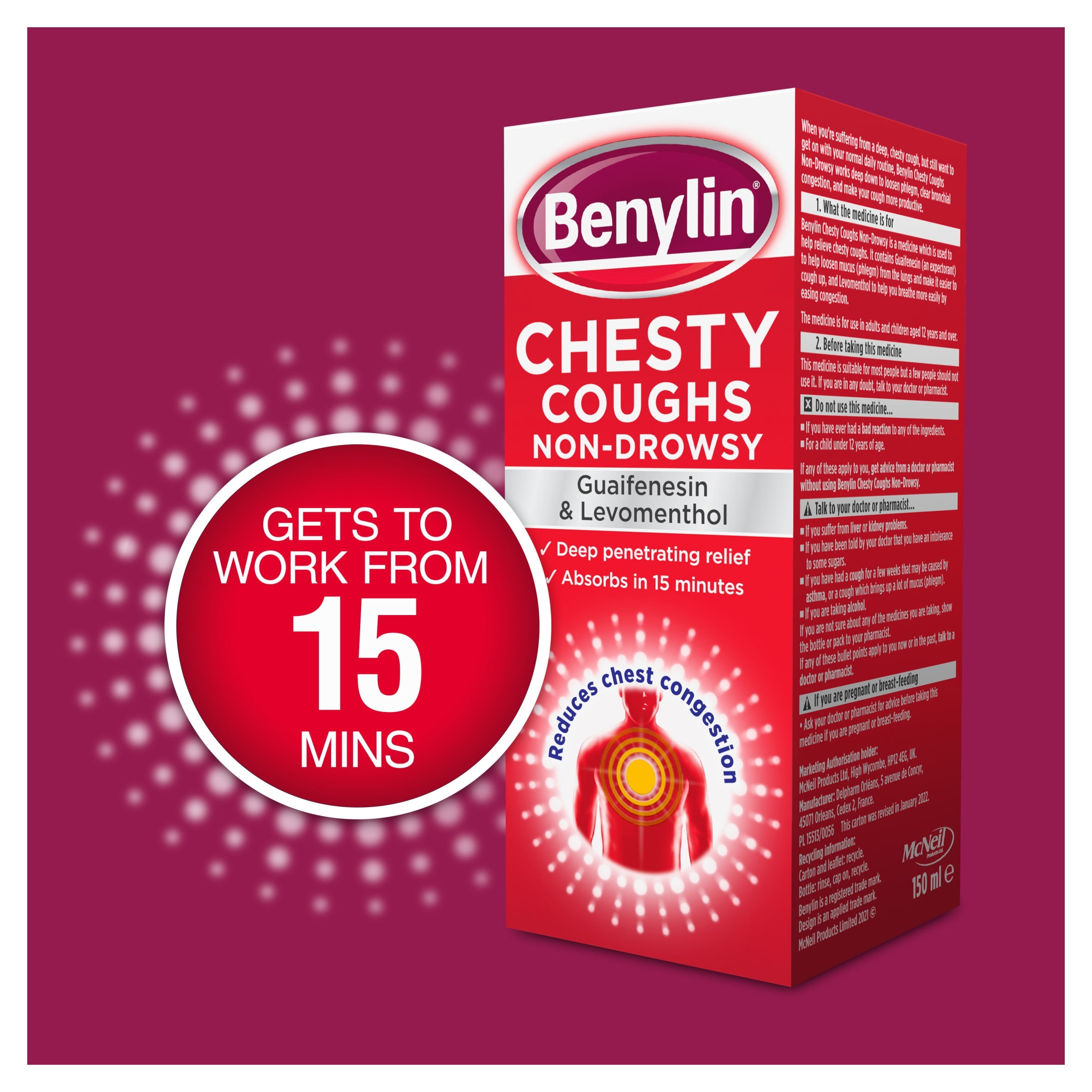 Benylin Chesty Coughs Oral Solution - Guaifenesin & Levomenthol 300ml thumbnail 4