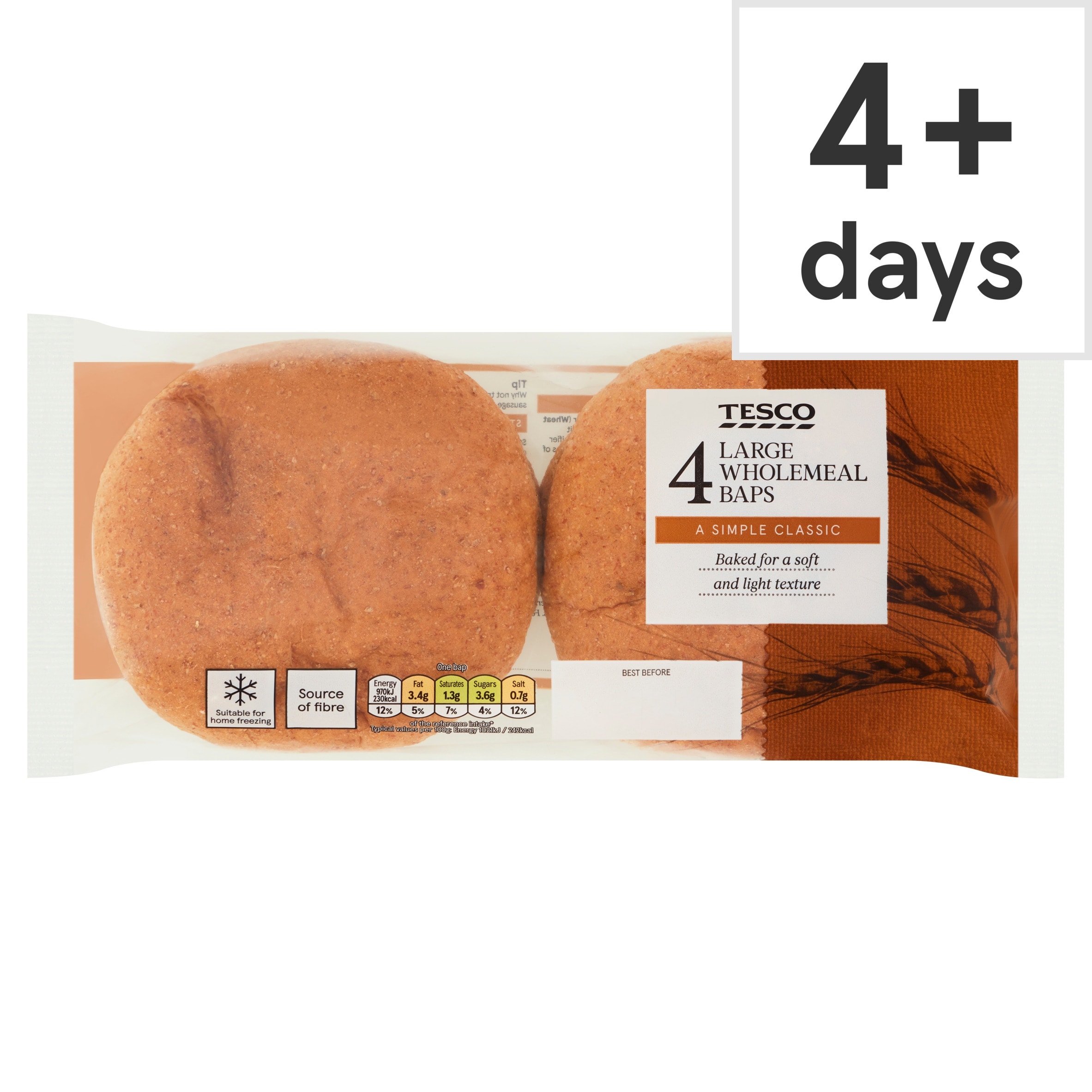 Tesco Large Wholemeal Baps 4 Pack