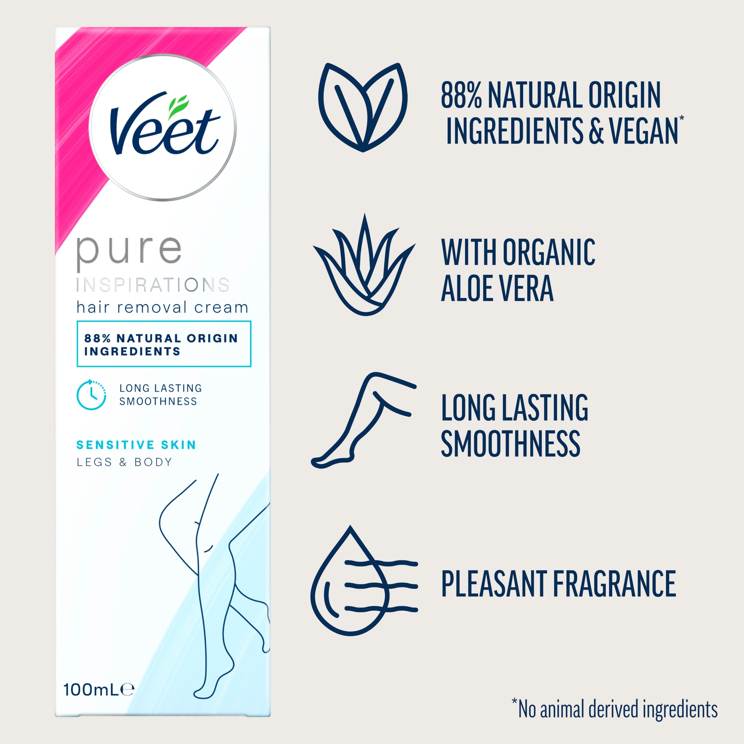 Veet Pure Hair Removal Cream Legs & Body Sensitive 100ml thumbnail 2