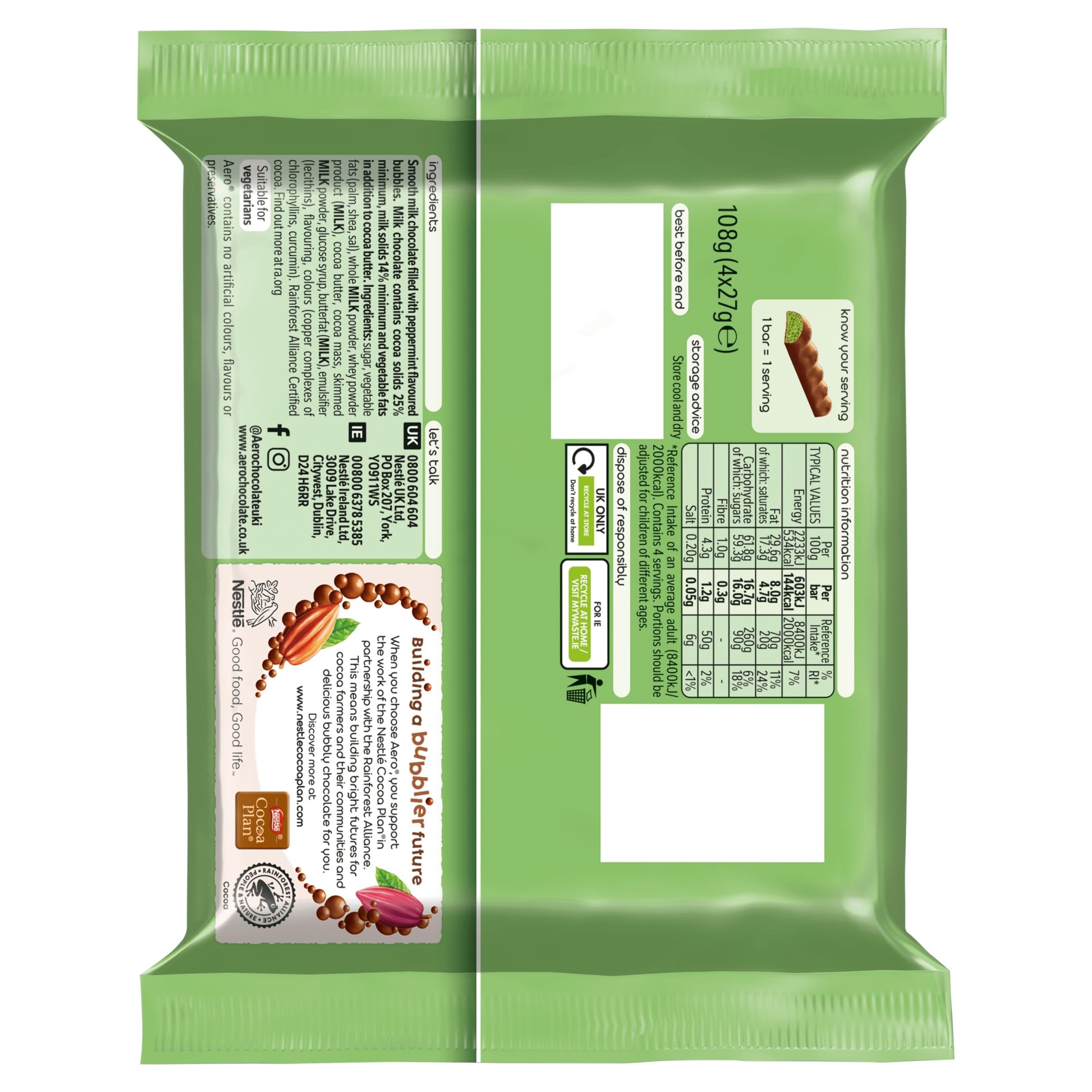 Aero Bubbly Peppermint Mint Chocolate Bar Multipack 27g 4 Pack thumbnail 3