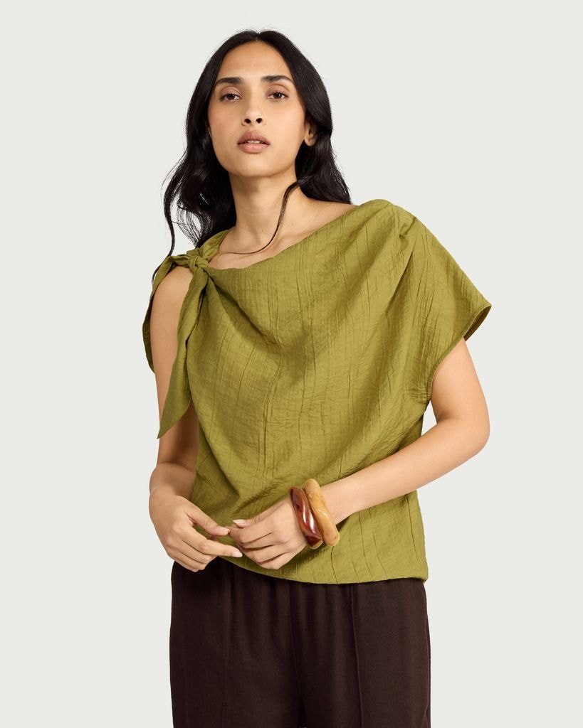 F&F Textured Tie Shoulder Blouse in Green
