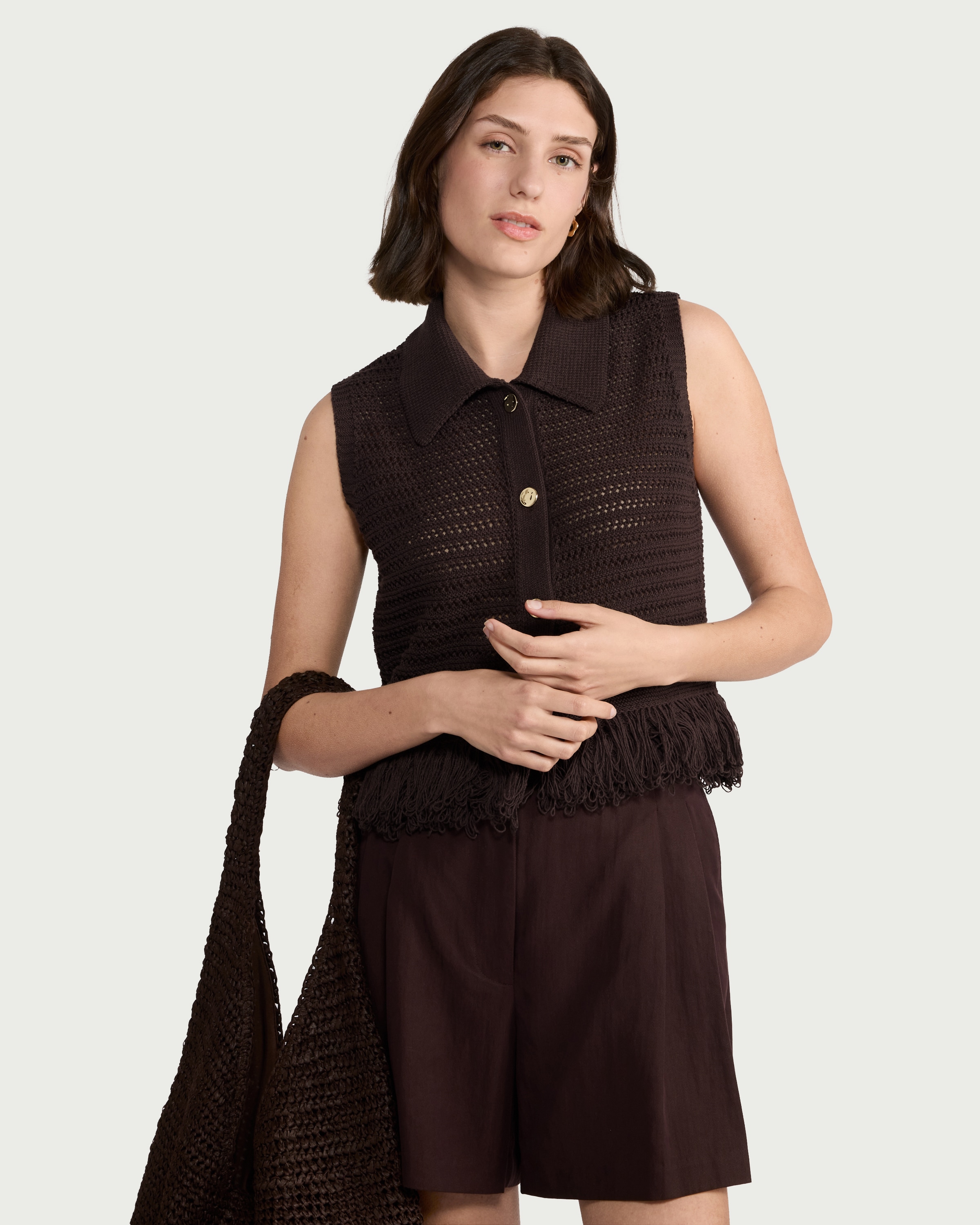 F&F Fringed Button Up Vest in Chocolate