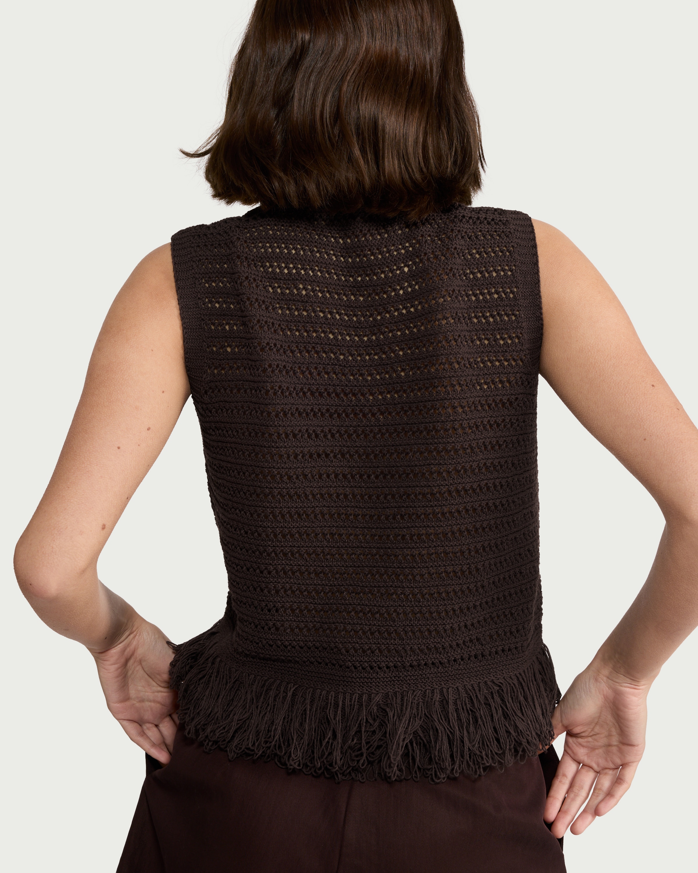 F&F Fringed Button Up Vest in Chocolate thumbnail 3