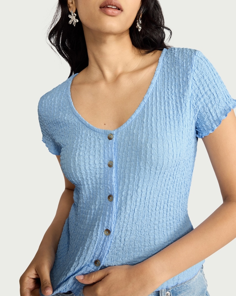 F&F Textured Button Front Top in Blue thumbnail 2