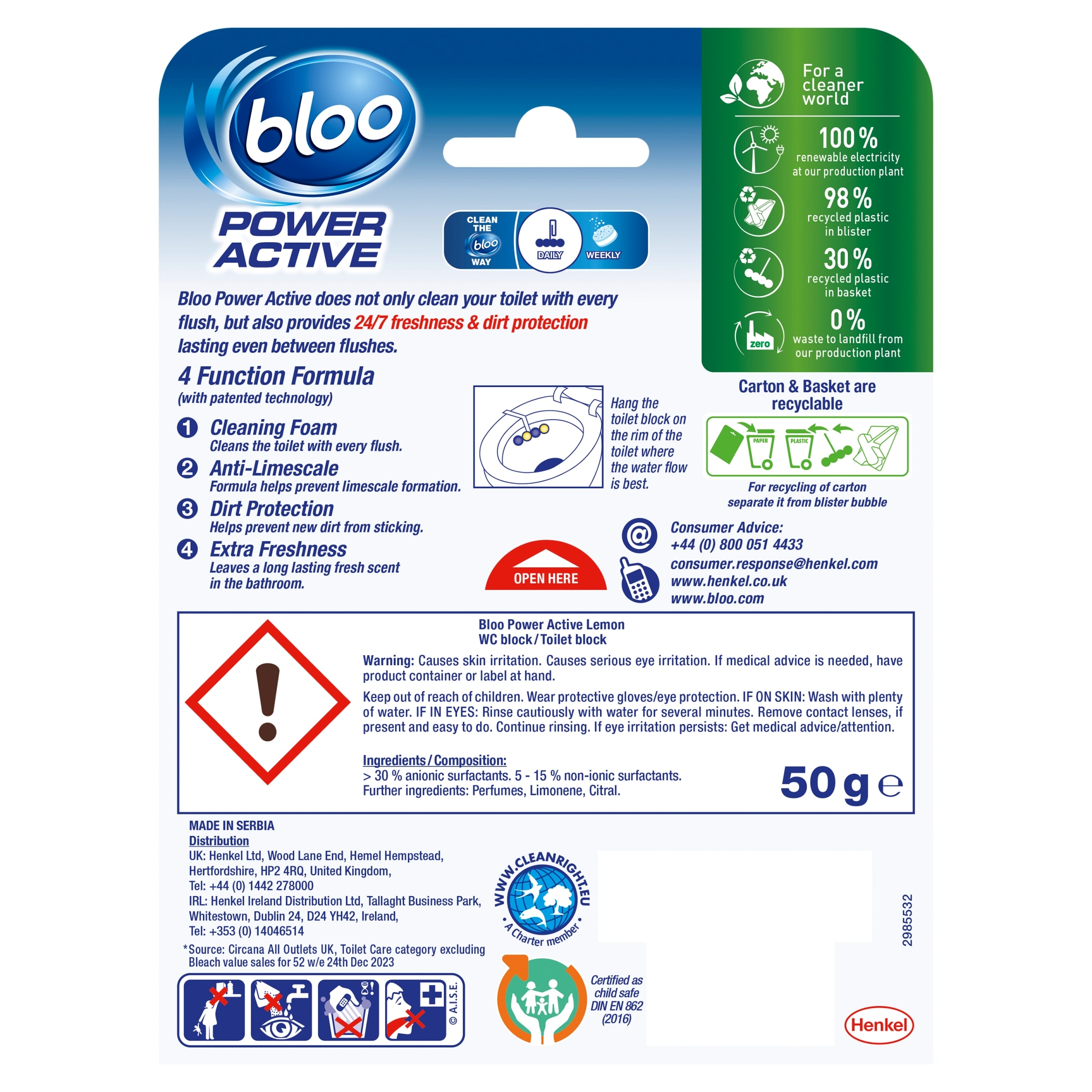 Bloo Power active Lemon Toilet Rim Block 50G thumbnail 2