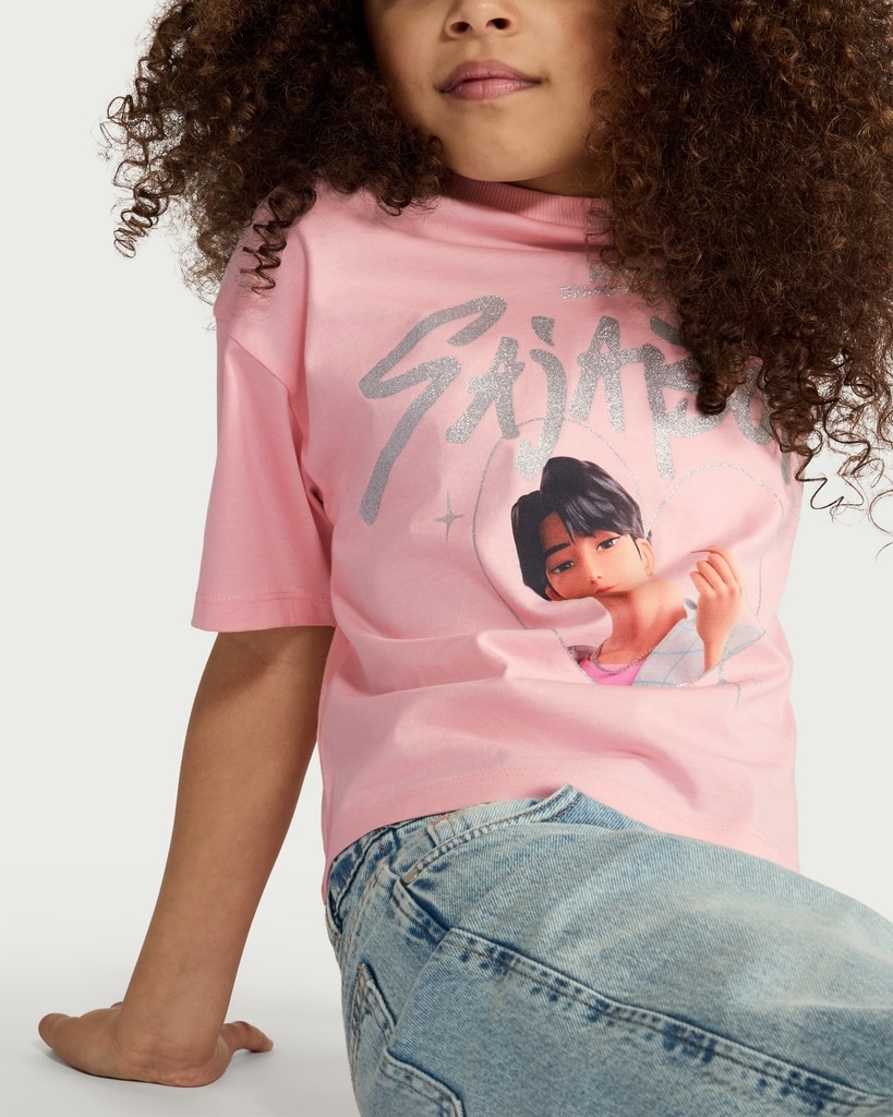 K-Pop Demon Hunters Pure Cotton Saja Boys Print Cropped T-Shirt in Pink