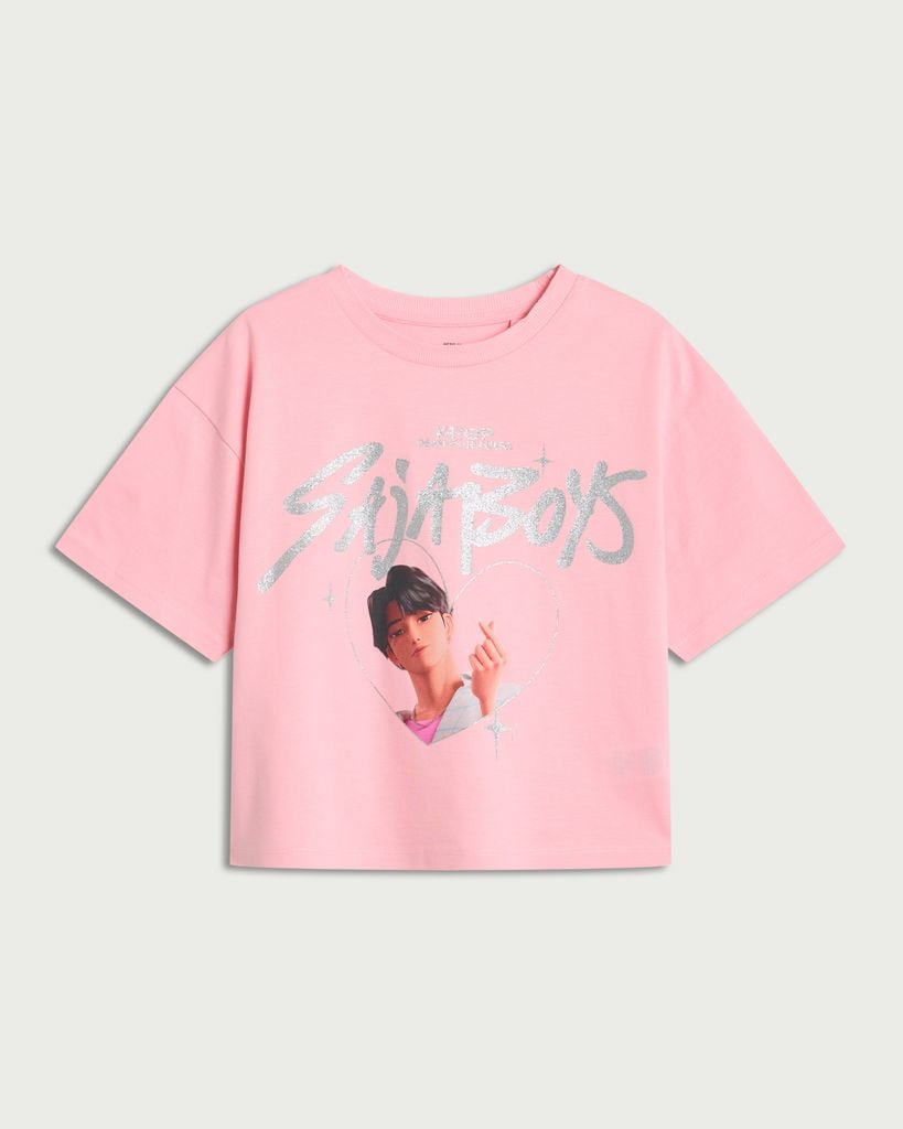 K-Pop Demon Hunters Pure Cotton Saja Boys Print Cropped T-Shirt in Pink thumbnail 4