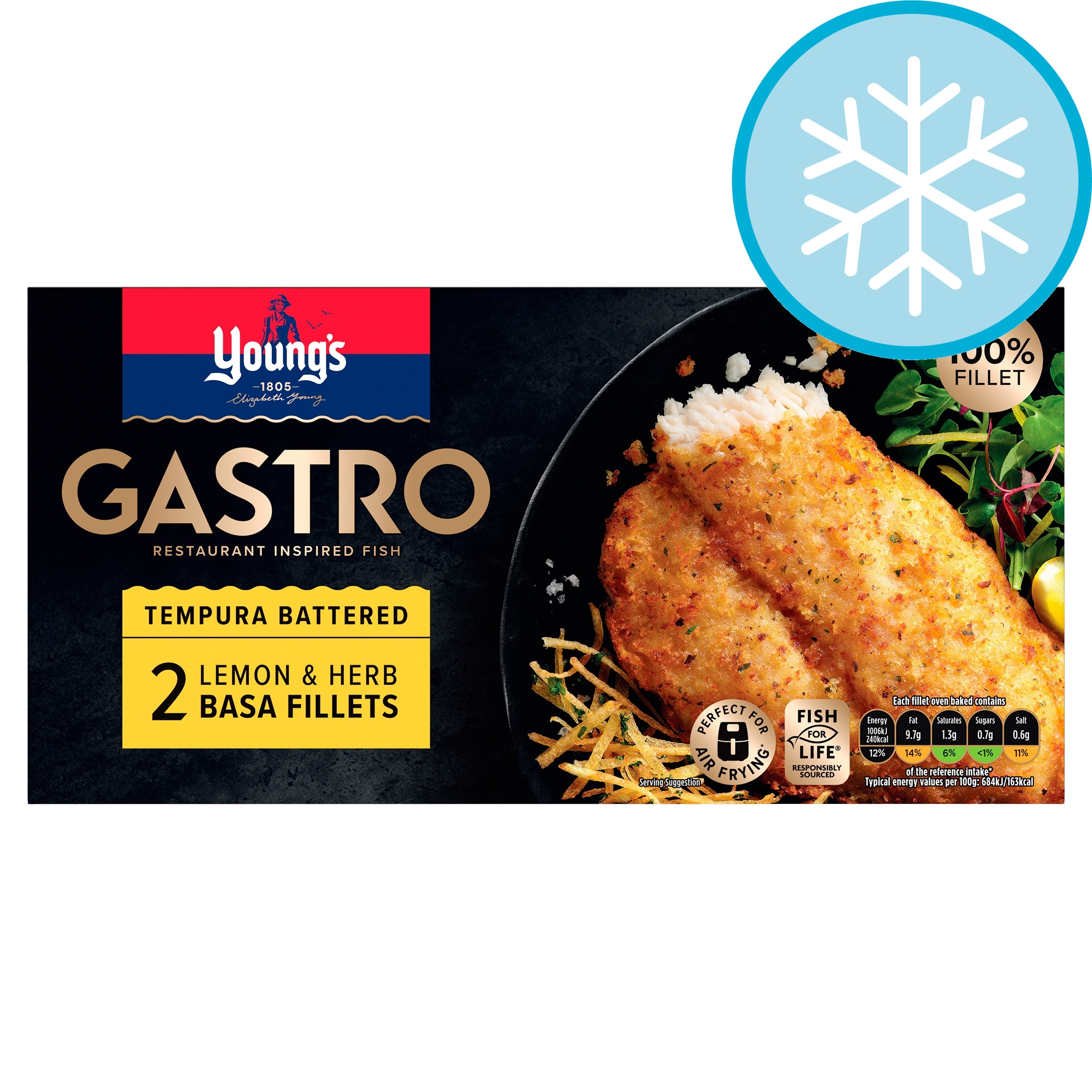Young's Gastro 2 Lemon & Herb Tempura Battered Basa Fillets Frozen