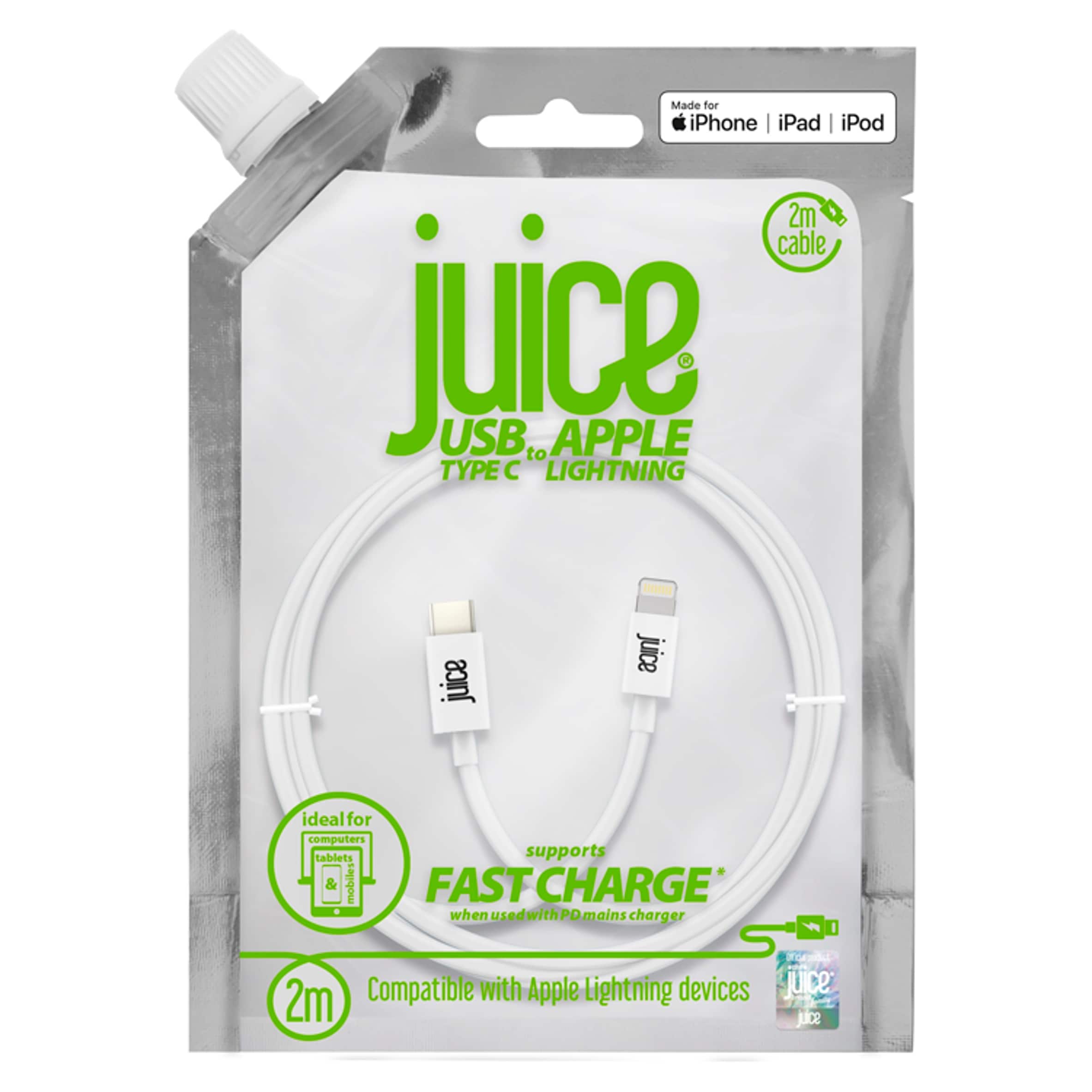 Juice USB C to Apple Lightning USB iPhone Charger Cable 2M White