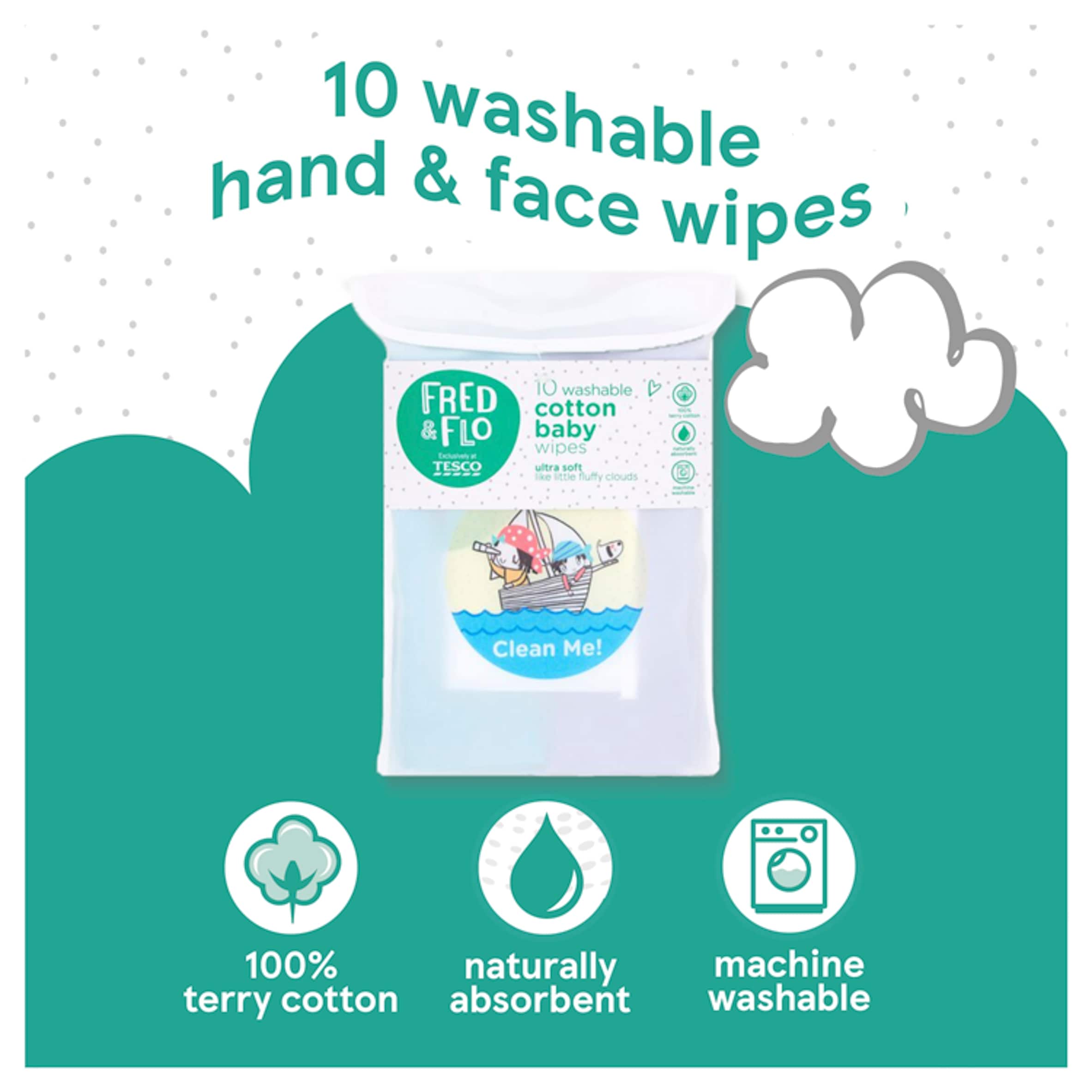 Fred & Flo 10 Washable Hand & Face Wipes thumbnail 2