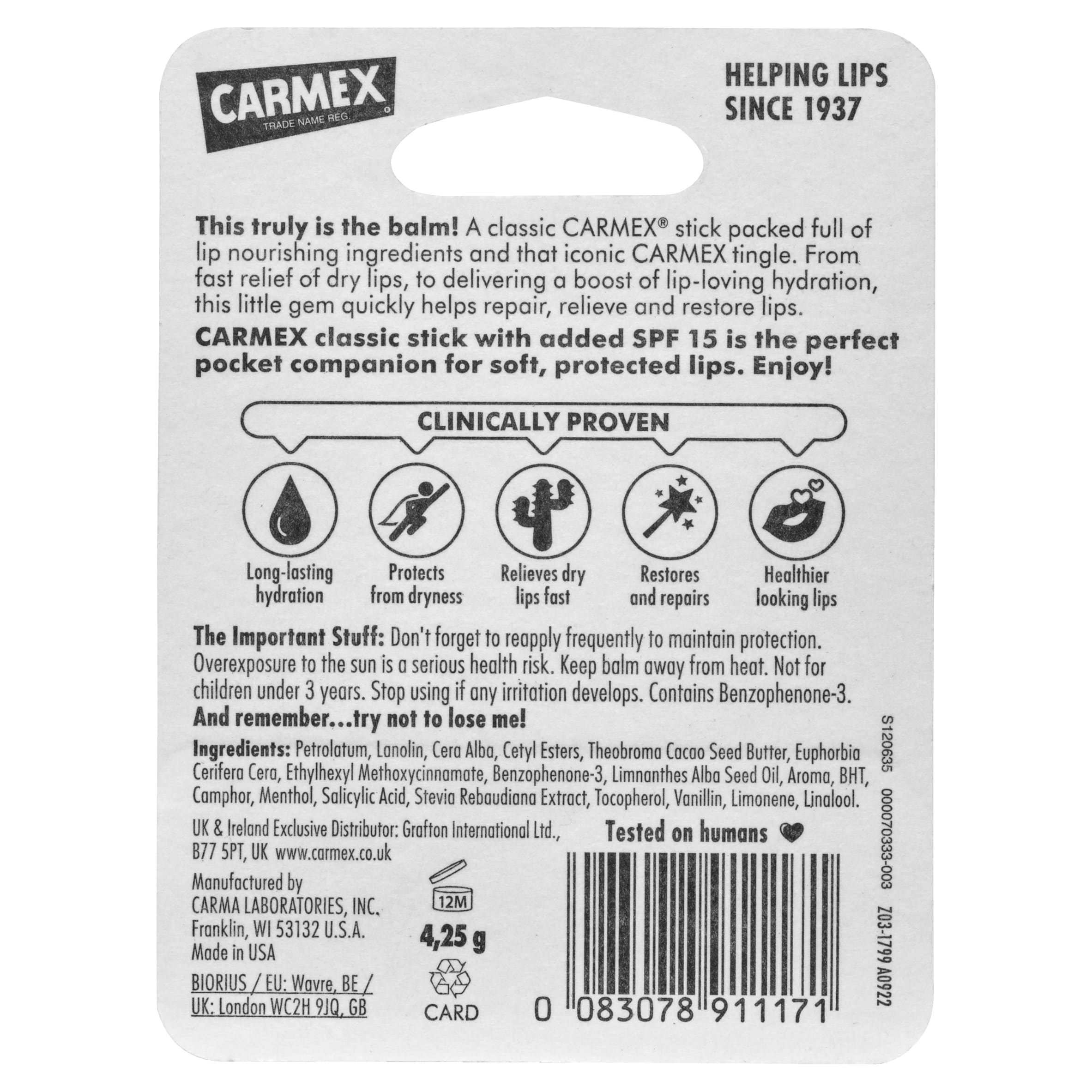 Carmex 4.25g Classic SPF 15 Moisturising Lip Balm thumbnail 2