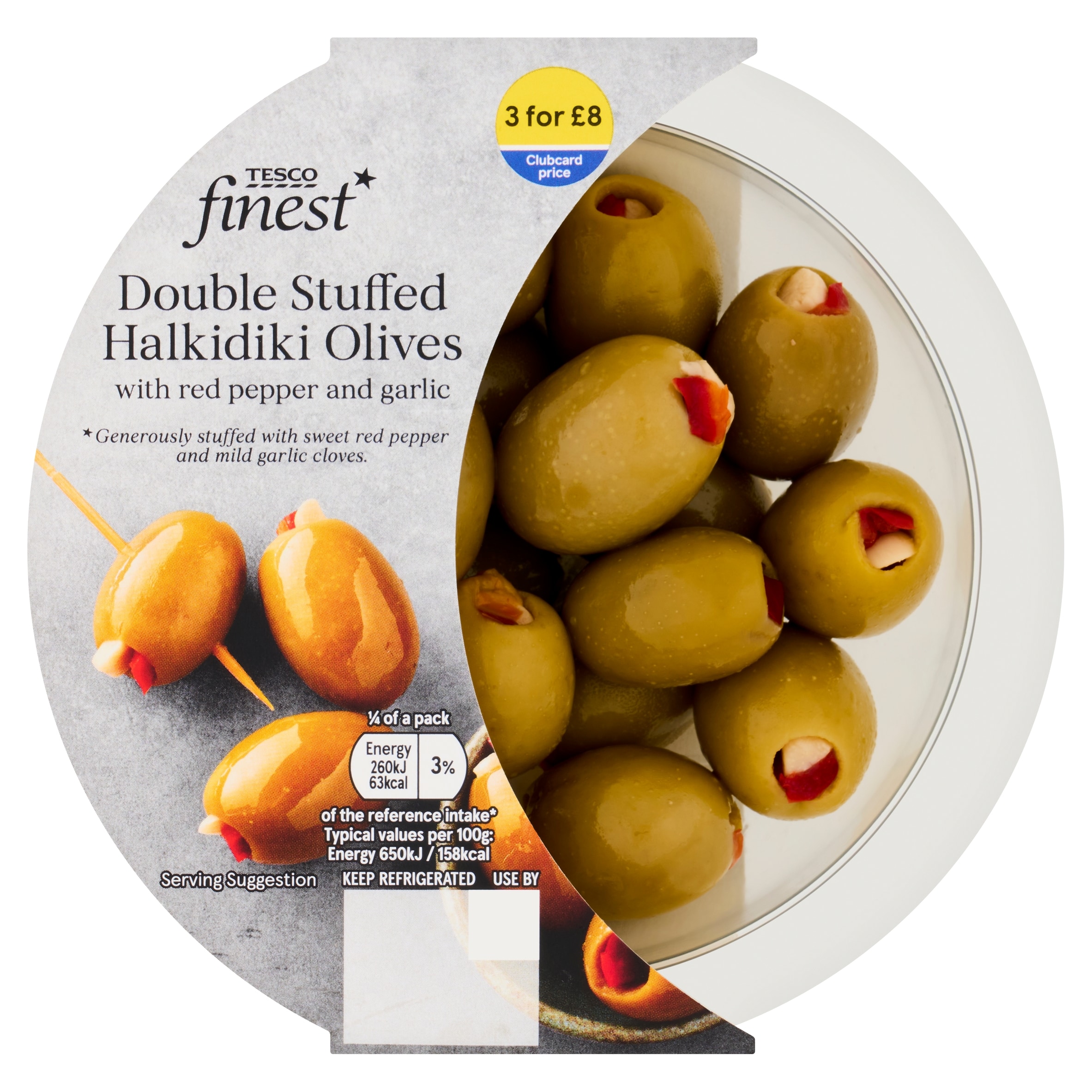 Tesco Finest Double Stuffed Halkidiki Olives Red Pepper 160G