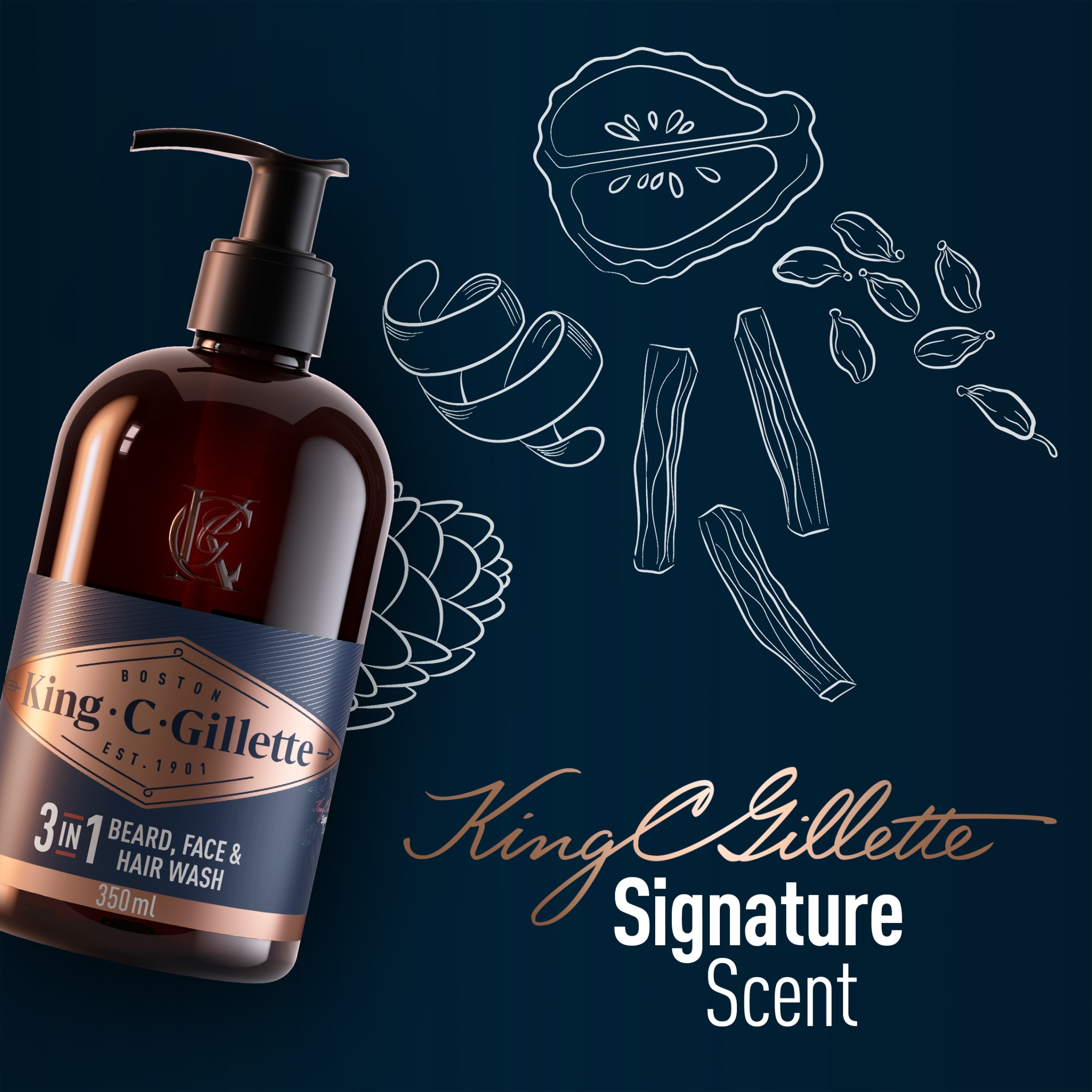 King C. Gillette 3in1 Beard, Face & Hair Wash, With King C. Gillette Signature Scent,350ml thumbnail 2
