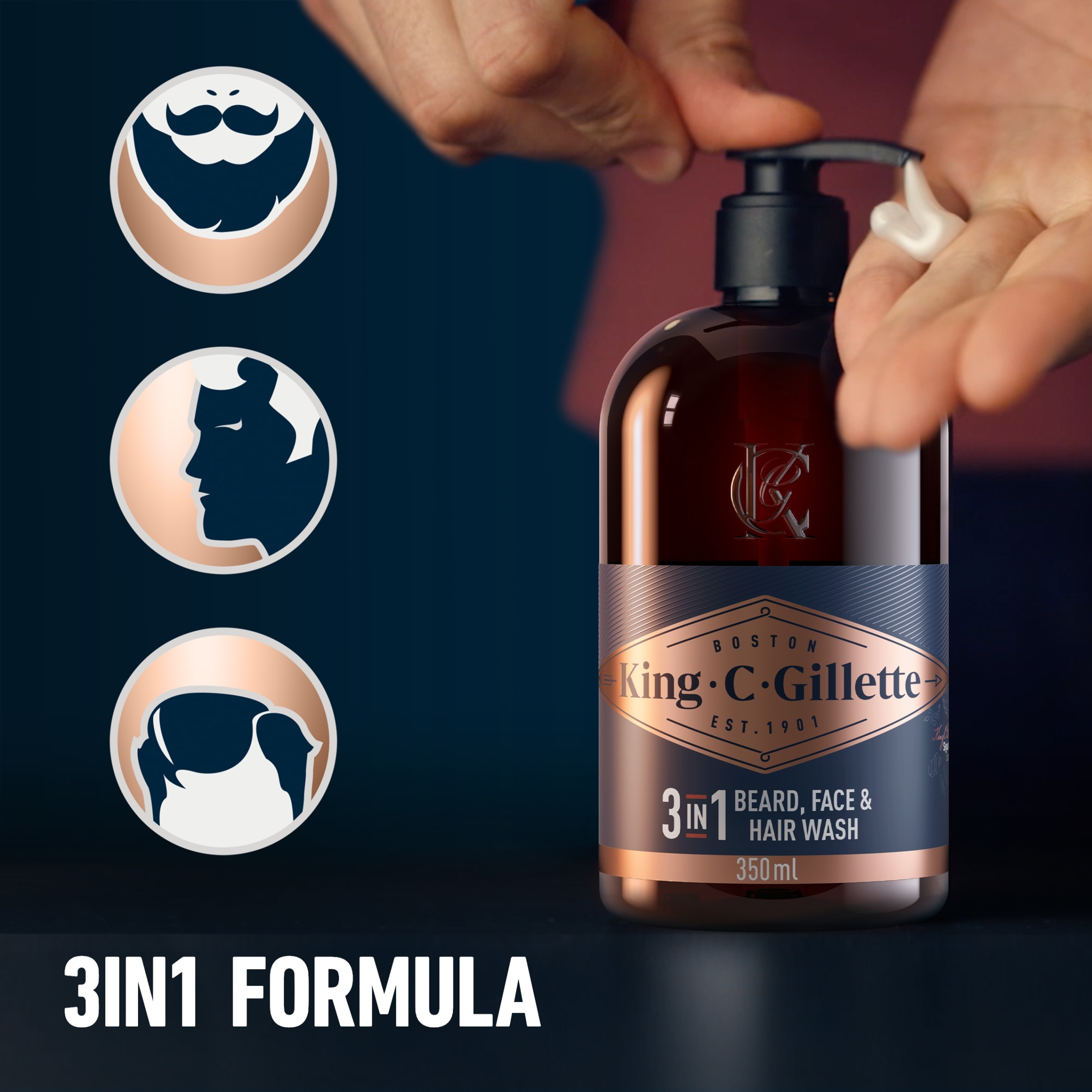 King C. Gillette 3in1 Beard, Face & Hair Wash, With King C. Gillette Signature Scent,350ml thumbnail 4
