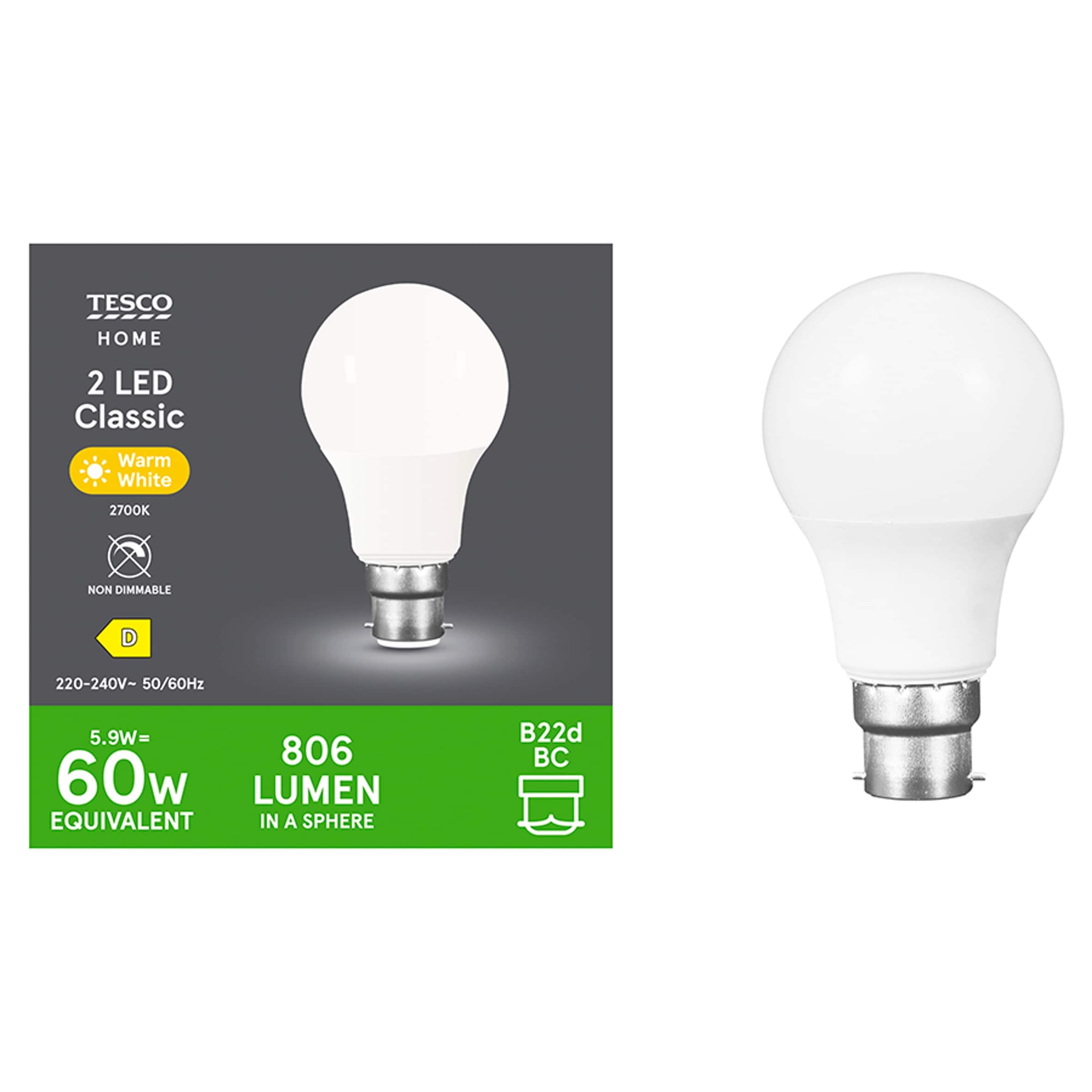 Tesco Led Classic 60W Bayonet Cap 2 Pack