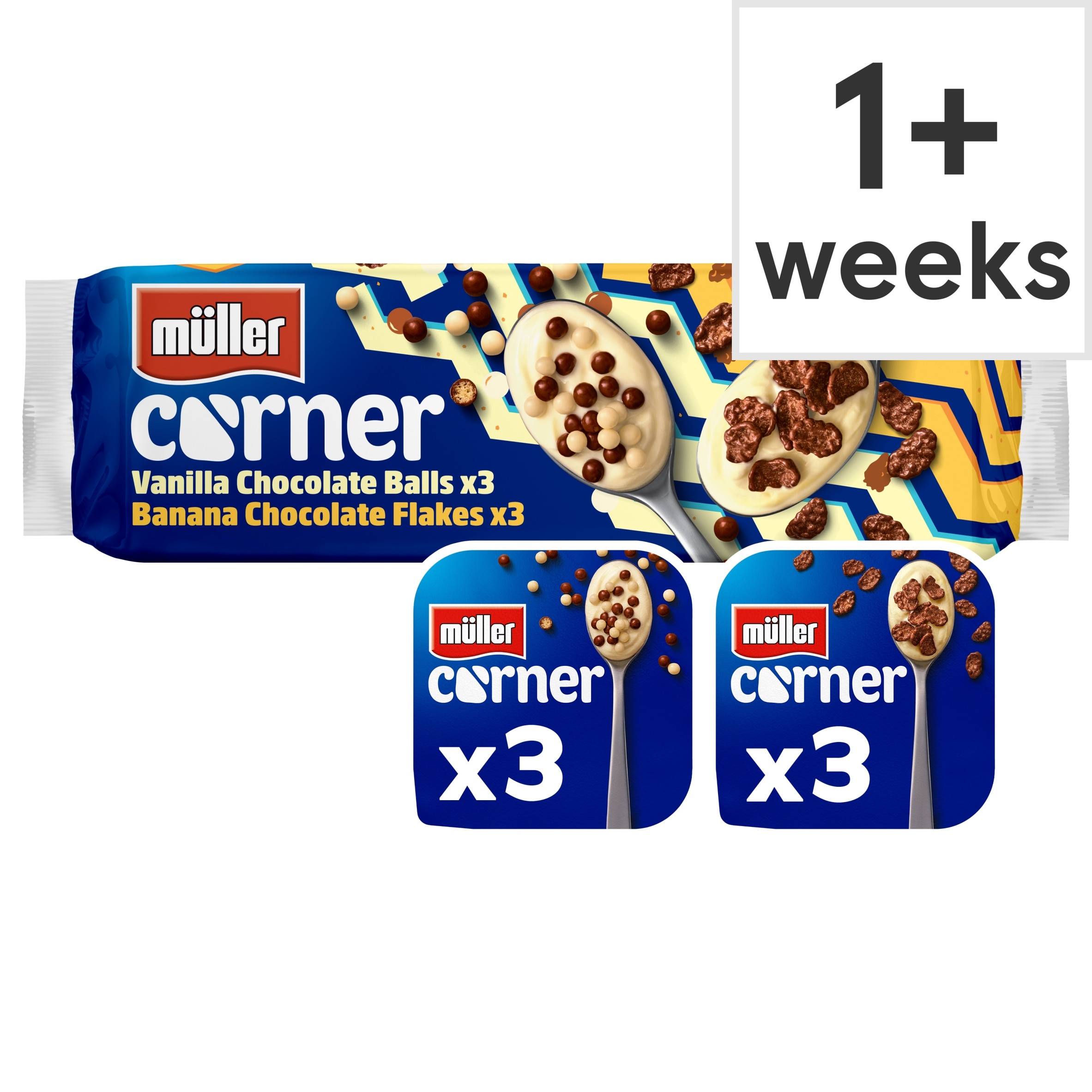Muller Corner Vanilla Chocolate Balls & Banana Chocolate Flakes Yogurts