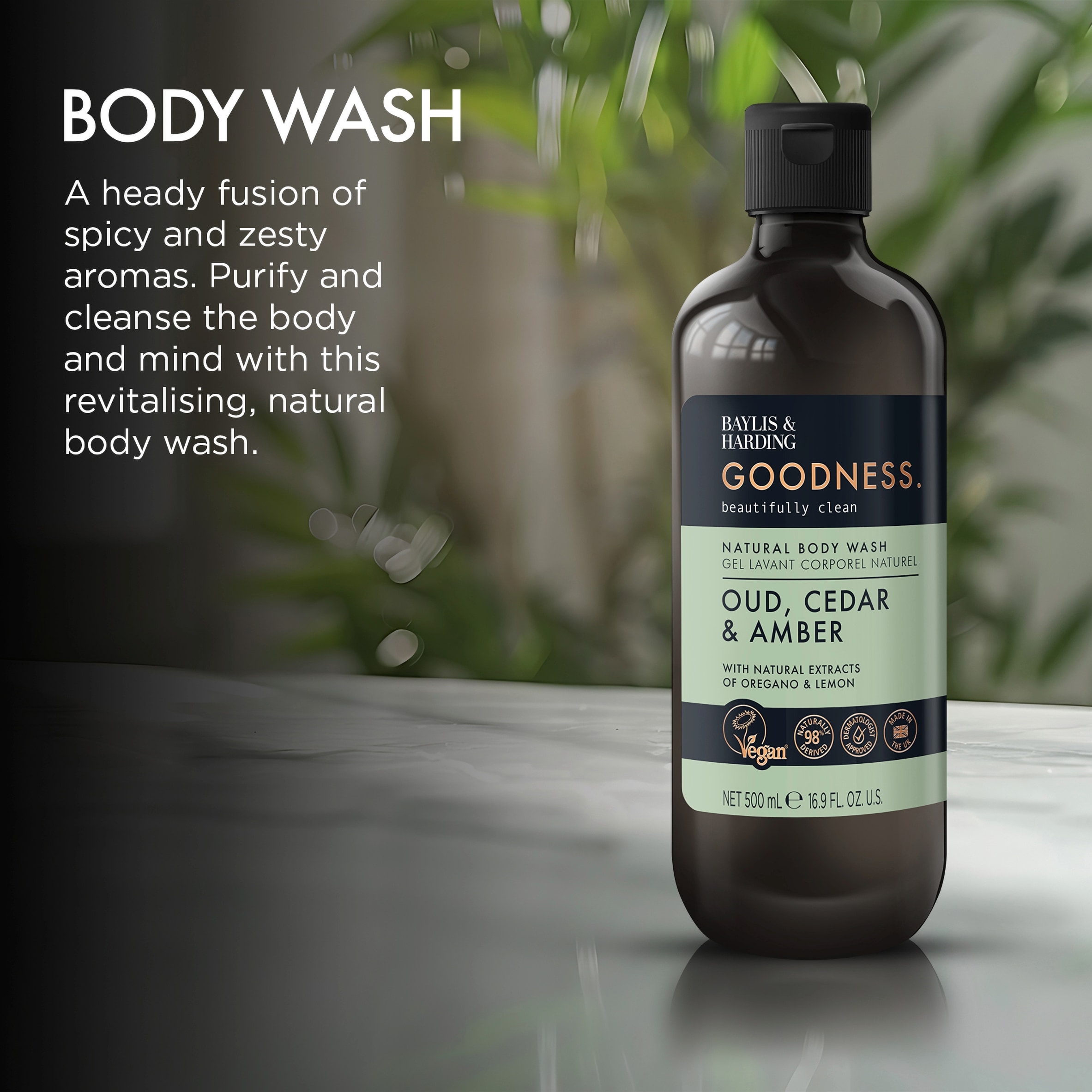 Baylis & Harding Goodness Natural Body Wash - Oud, Cedar & Amber 500ml thumbnail 3