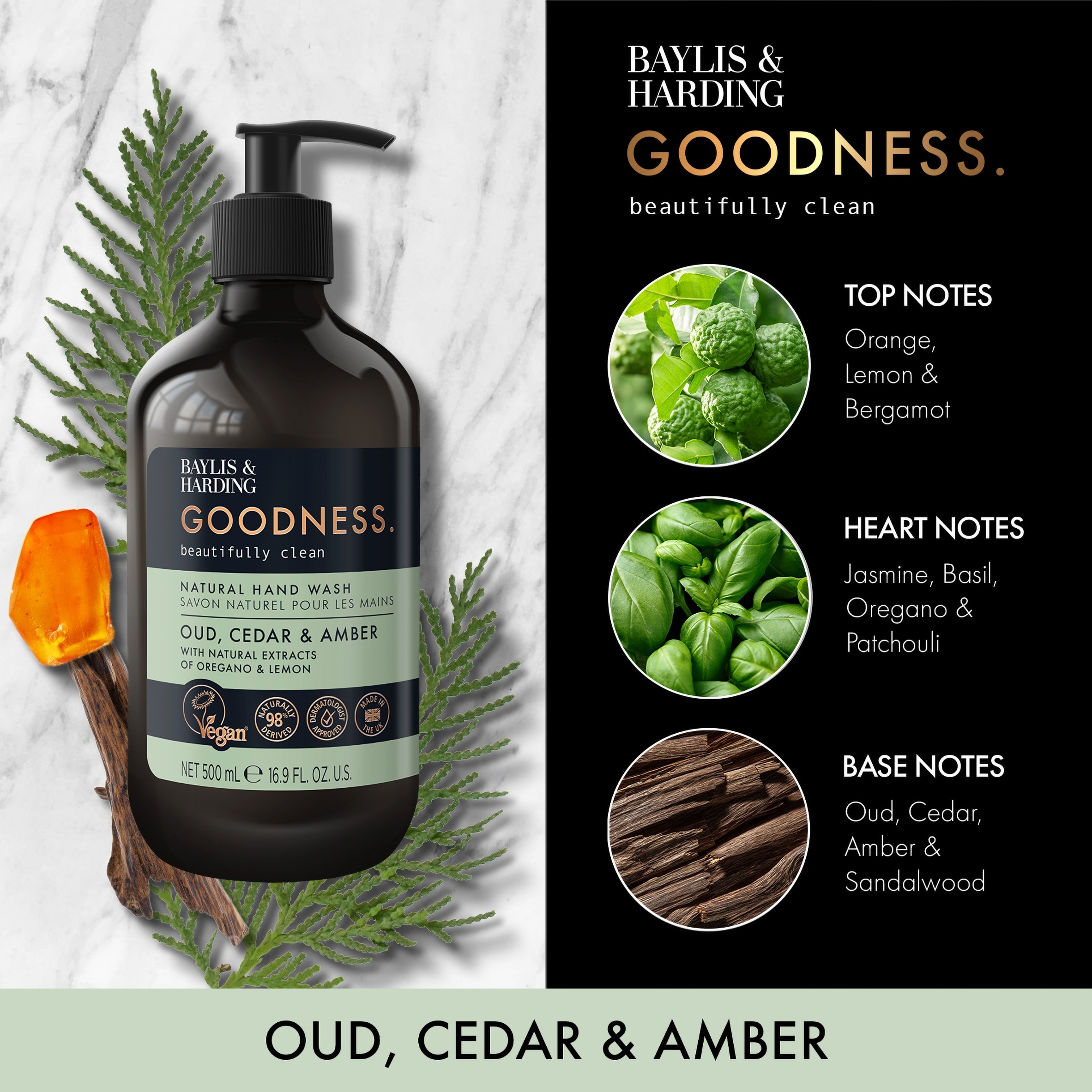 Baylis & Harding Goodness Natural Hand Wash - Oud, Cedar & Amber 500ml thumbnail 2