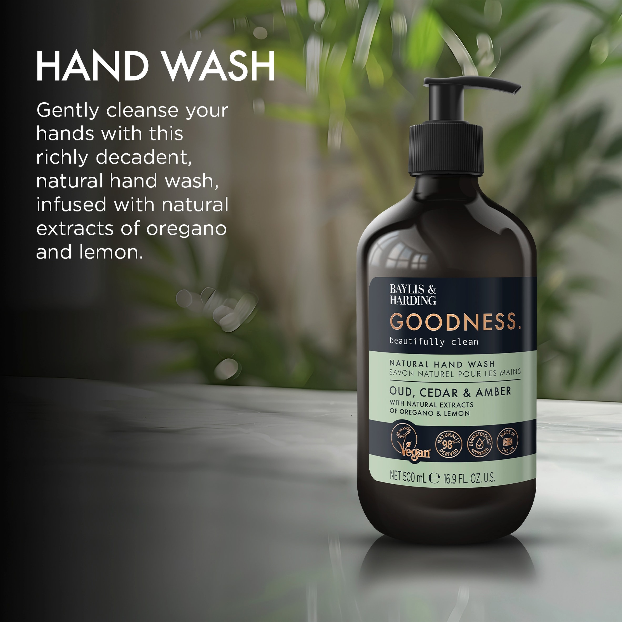 Baylis & Harding Goodness Natural Hand Wash - Oud, Cedar & Amber 500ml thumbnail 3