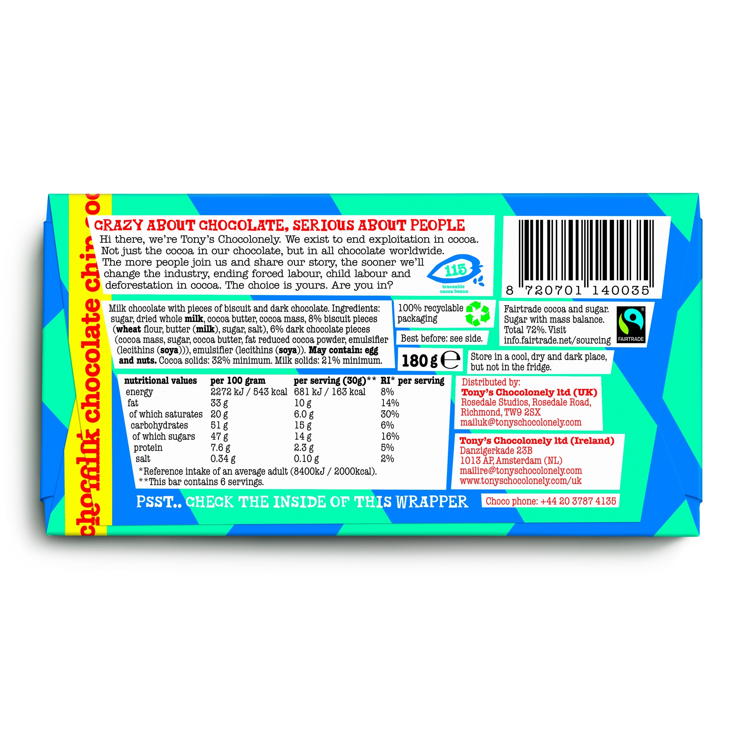 Tony's Chocolonely Milk Chocolate Chip Cookie 180G thumbnail 2